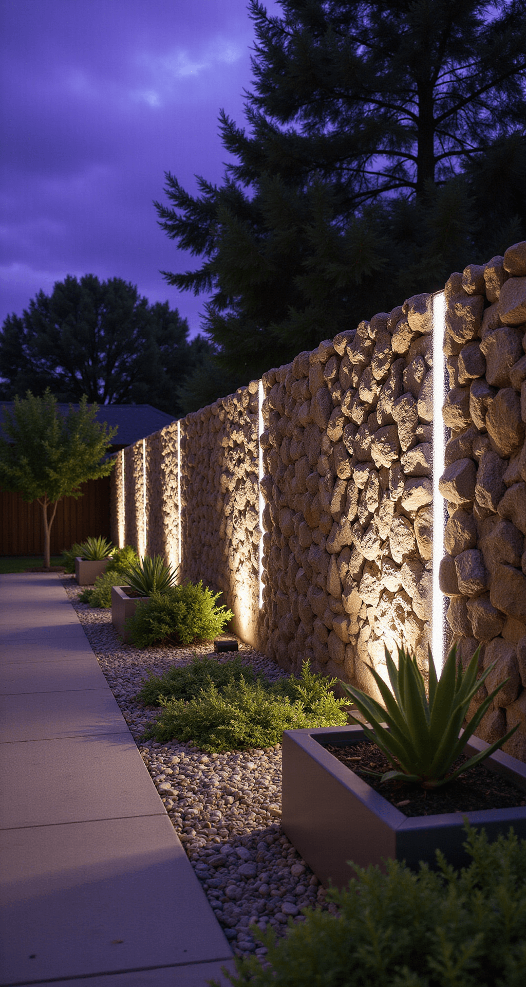 Twilight garden scene at 8pm featuring a 3ft high gabion border wall filled with multi-colored slate and quartz, illuminated by integrated LED strip lighting. The shot captures the wall's 25ft length and height from a 45-degree angle, flanked by modern steel planters with architectural succulents against a deep purple sky.