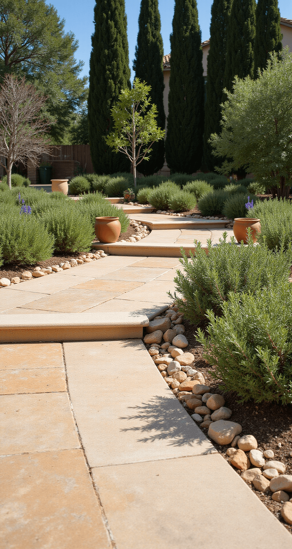 A bright midday view of a Mediterranean-style garden border made of warm travertine stones, showcasing an 18ft curved border rising 10 inches, with uniform honey-colored 12x6 inch blocks. Drought-resistant rosemary spills over the edges while terra cotta pots enhance the design. Shot from ground level, highlighting the border's presence, with Italian cypress trees in the background.