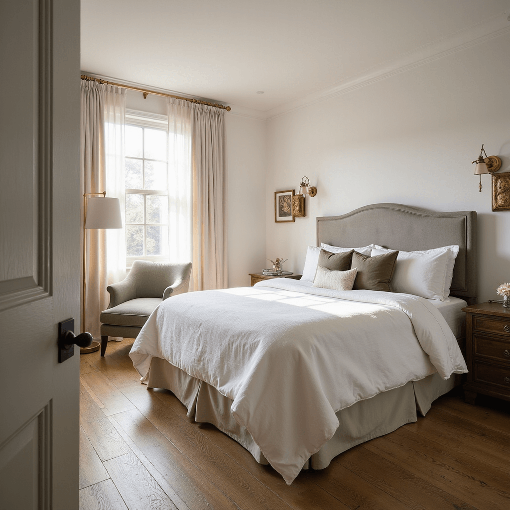 A serene guest bedroom featuring a queen-size bed dressed in a cloud-like white duvet and layered pillows, illuminated by golden hour sunlight through sheer white linen curtains, with weathered brass sconces, a soft gray velvet upholstered headboard, built-in nightstands with charging ports, a muted sage green accent chair, warm white walls, and oak flooring, captured from a door frame at a 45-degree angle.