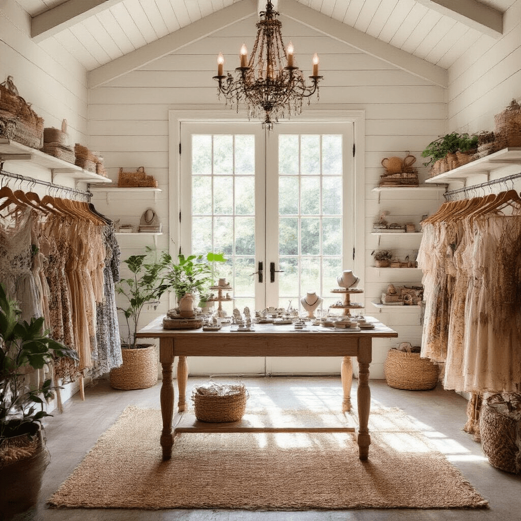 A sunlit boutique inside a transformed garden shed, featuring whitewashed shiplap walls, a central farmhouse table with artisanal jewelry, clothing racks of bohemian dresses, floating shelves with accessories, and potted plants, all captured from eye level with soft, diffused lighting.
