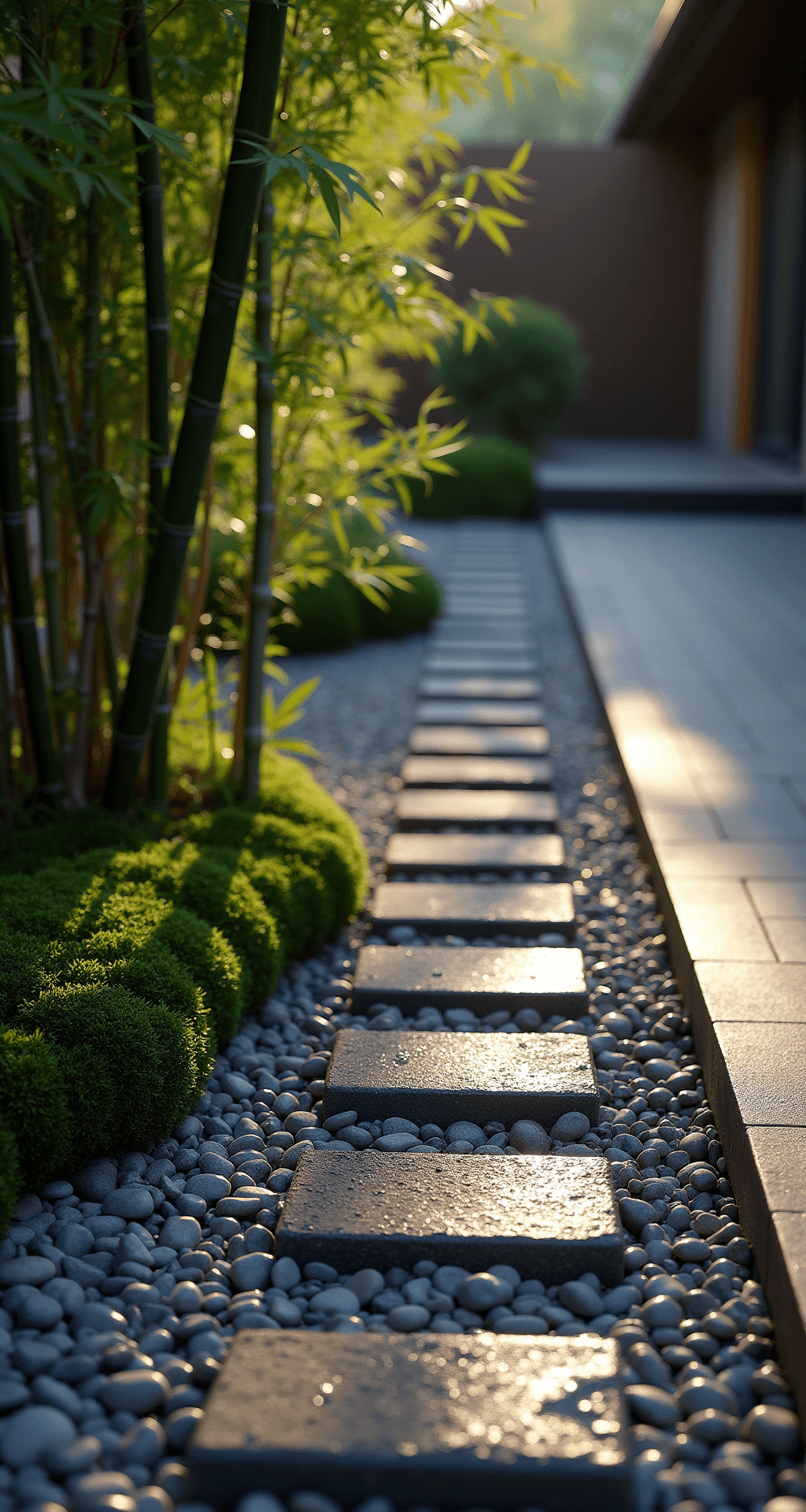 A Japanese-inspired garden border at dawn, featuring dark granite blocks and river rocks in a 30ft linear design with alternating raised sections and pebble strips, illuminated by morning sunlight that highlights water droplets on bamboo and casts long shadows on smooth stones, viewed from tatami mat height showing material transitions where moss garden meets raked gravel.