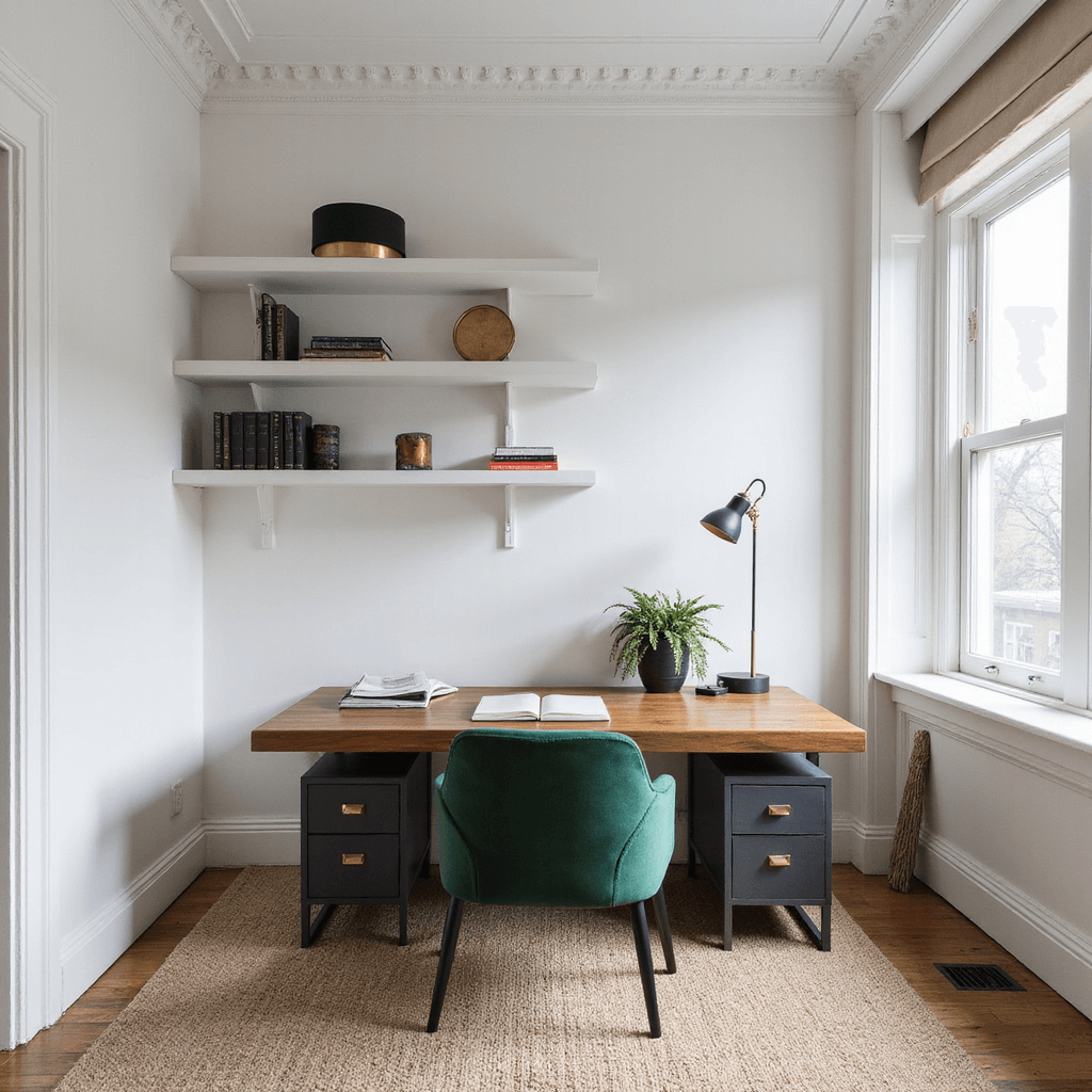 Modern home office in a 10x12ft room with floor-to-ceiling windows, featuring an ergonomic walnut desk, an emerald green velvet chair, and matte white floating shelves, all under diffused northern light with architectural molding detailing.
