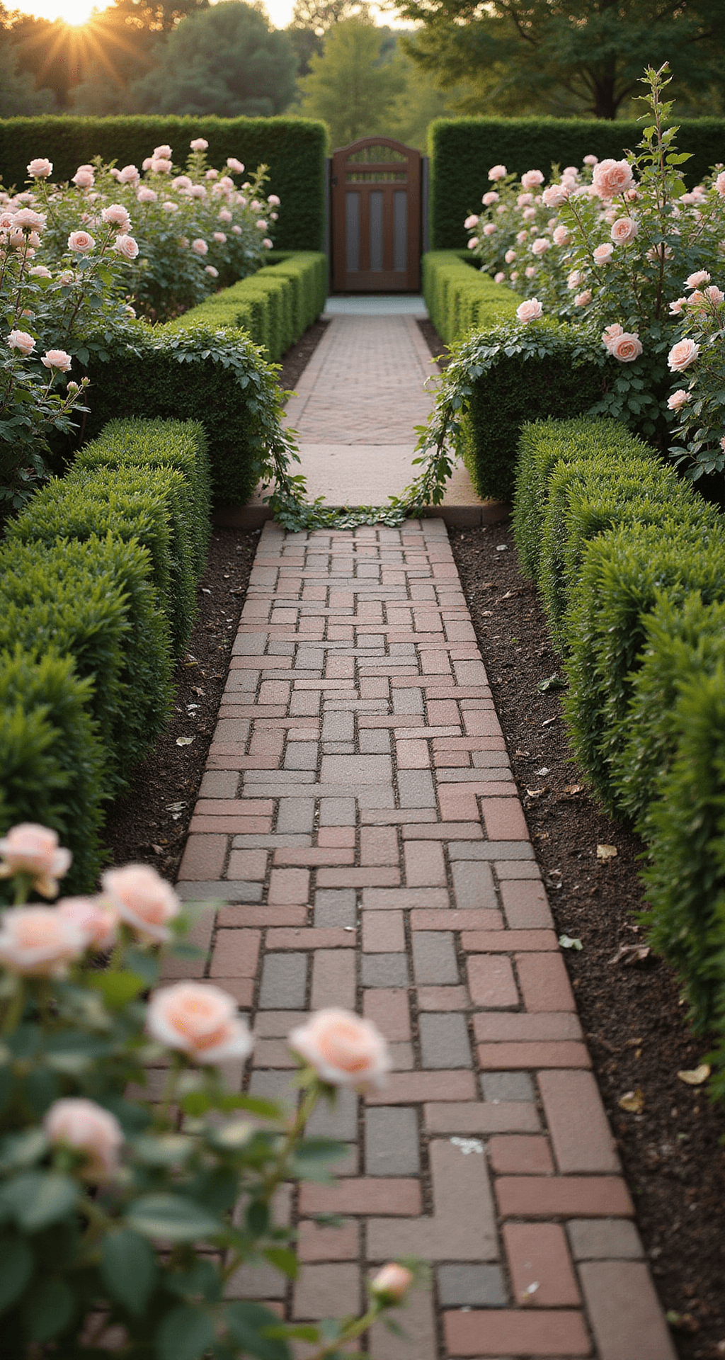 A formal English garden border at 4pm, showcasing 24ft of reclaimed brick and limestone combinations. The alternating materials rise 7 inches high, with climbing roses spilling over antique bricks and structured boxwood hedges. The warm golden hour lighting highlights the aged patina, with foreground roses slightly blurred.