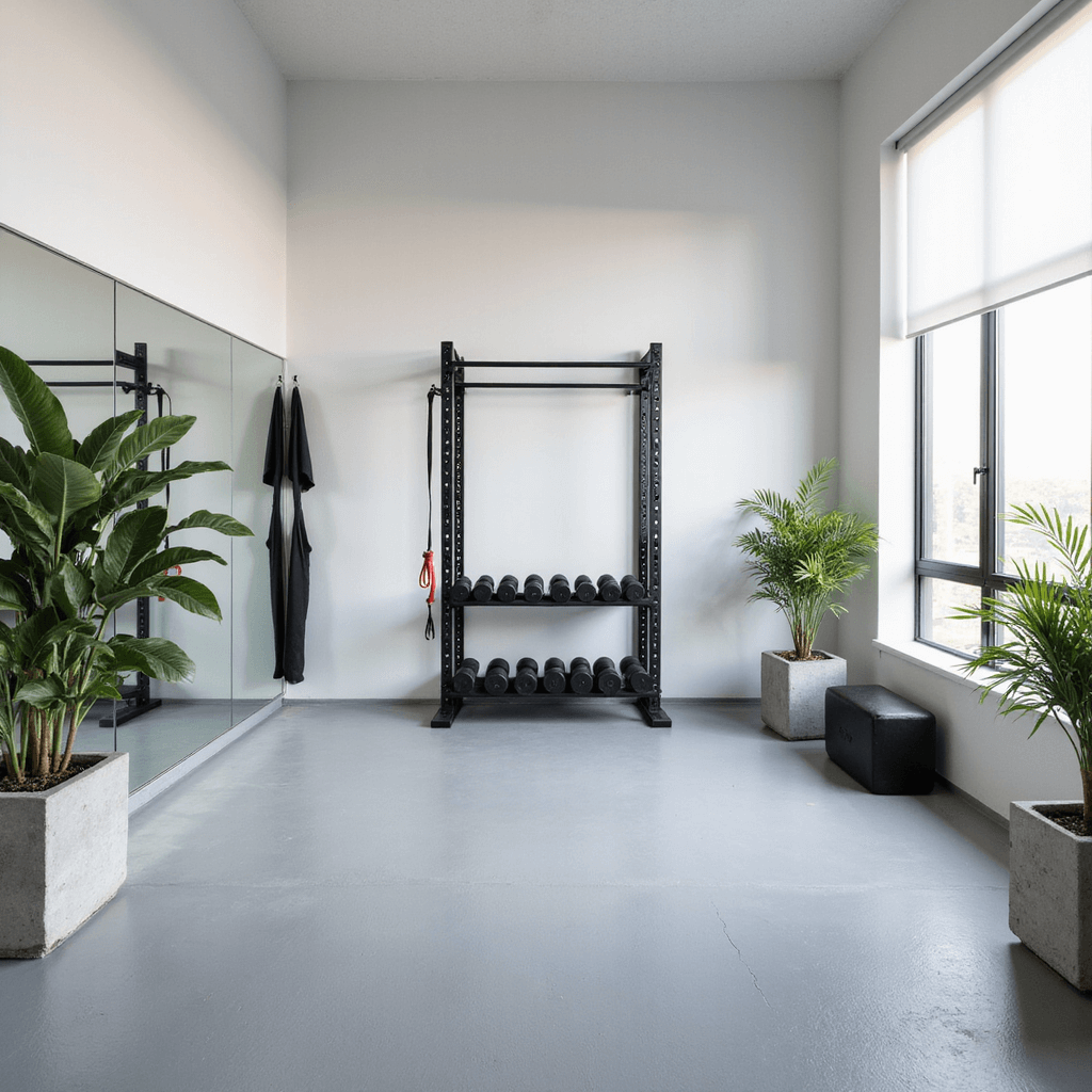Minimalist home gym in a bright 11x13ft space with light gray rubber flooring, white walls, and a full-length mirror. Organized matte black equipment rack with weights and resistance bands. Large window with semi-sheer shade providing natural light, and plants in concrete planters for an organic touch. Elevated view shows clean lines and even lighting for a calm yet energetic atmosphere.