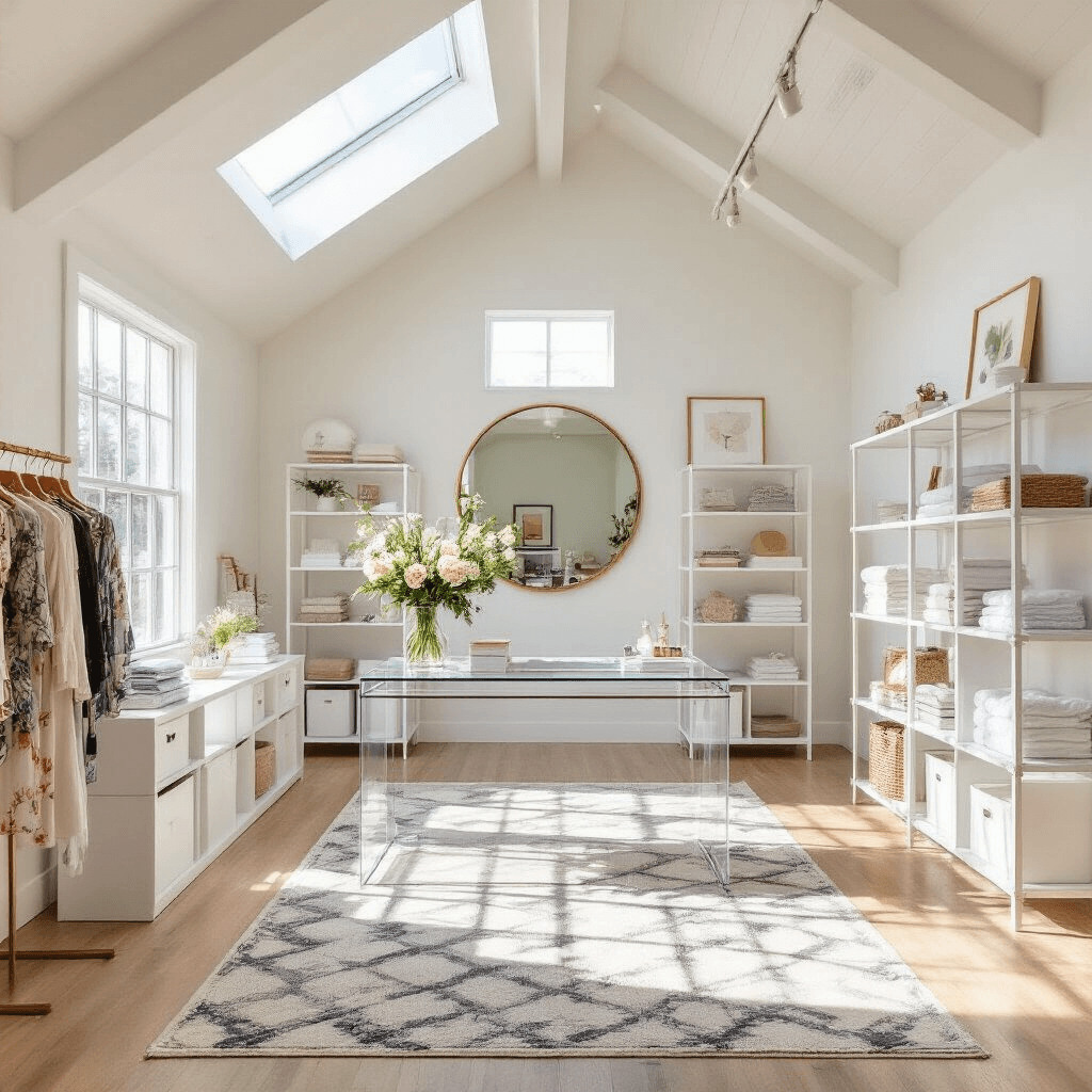Bright boutique space with vaulted ceilings and skylight, featuring white metal grid walls displaying accessories, an acrylic checkout desk with flowers, modular shelving, a large brass-framed mirror, pale hardwood floors, and a geometric rug, captured from a high-angle corner perspective.
