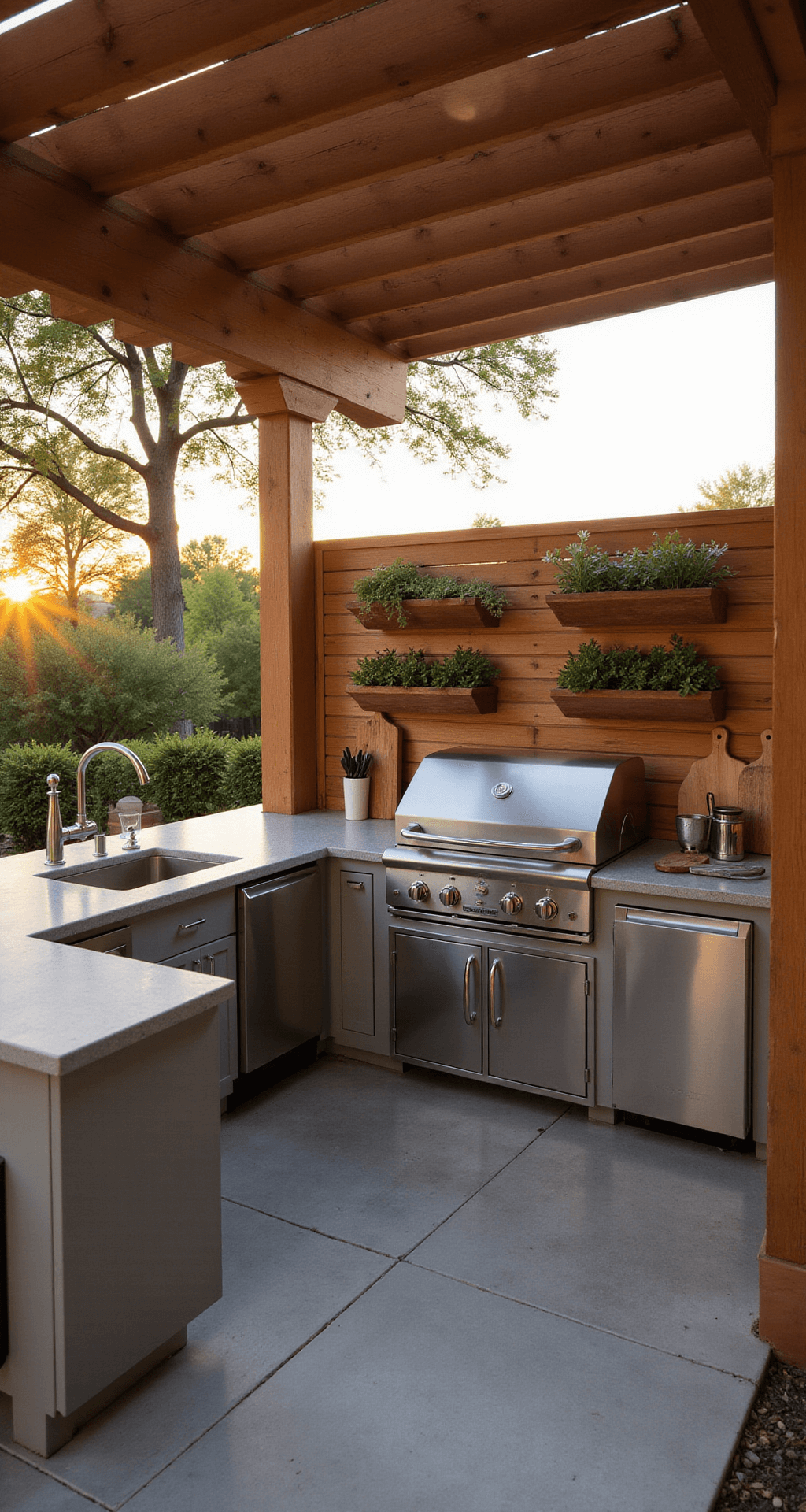 A compact L-shaped outdoor kitchen on a 10x12ft patio corner, featuring a modern stainless steel grill under a cedar pergola, polished concrete countertops with LED lighting, and a herb garden wall with copper planters, all illuminated by warm sunset light and casting diagonal shadows.