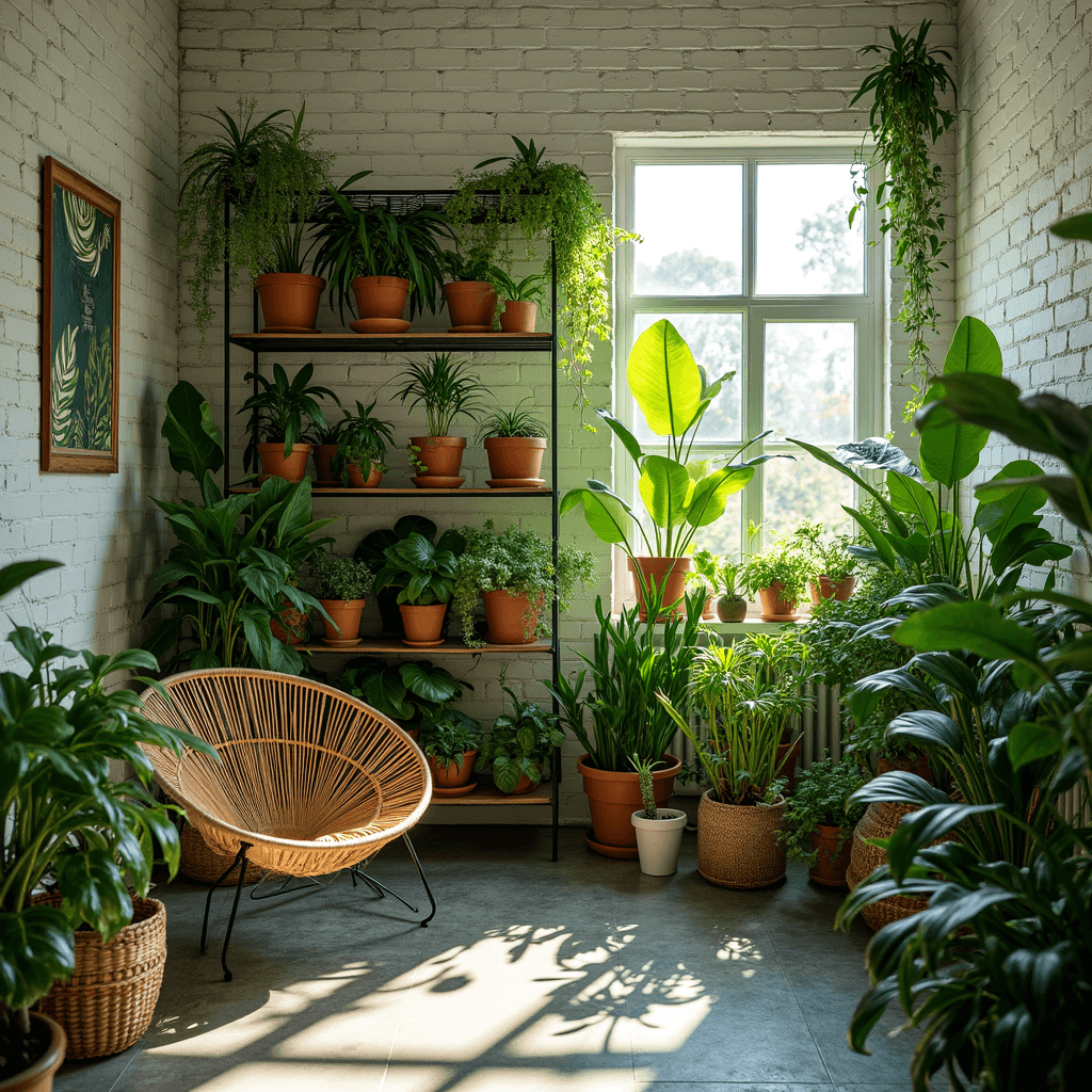 Lush indoor plant paradise with tiered metal and wood shelving, tropical plants, rattan chair, and dramatic afternoon light streaming through southern windows.