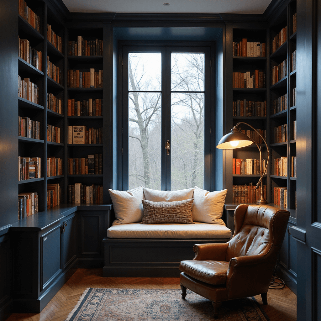 Cozy reading nook with floor-to-ceiling navy blue bookshelves, oversized window seat with ivory cushions, aged brass reading lamp, and leather armchair, all illuminated by warm LED lighting during twilight hours, set on herringbone hardwood floors with a vintage rug.