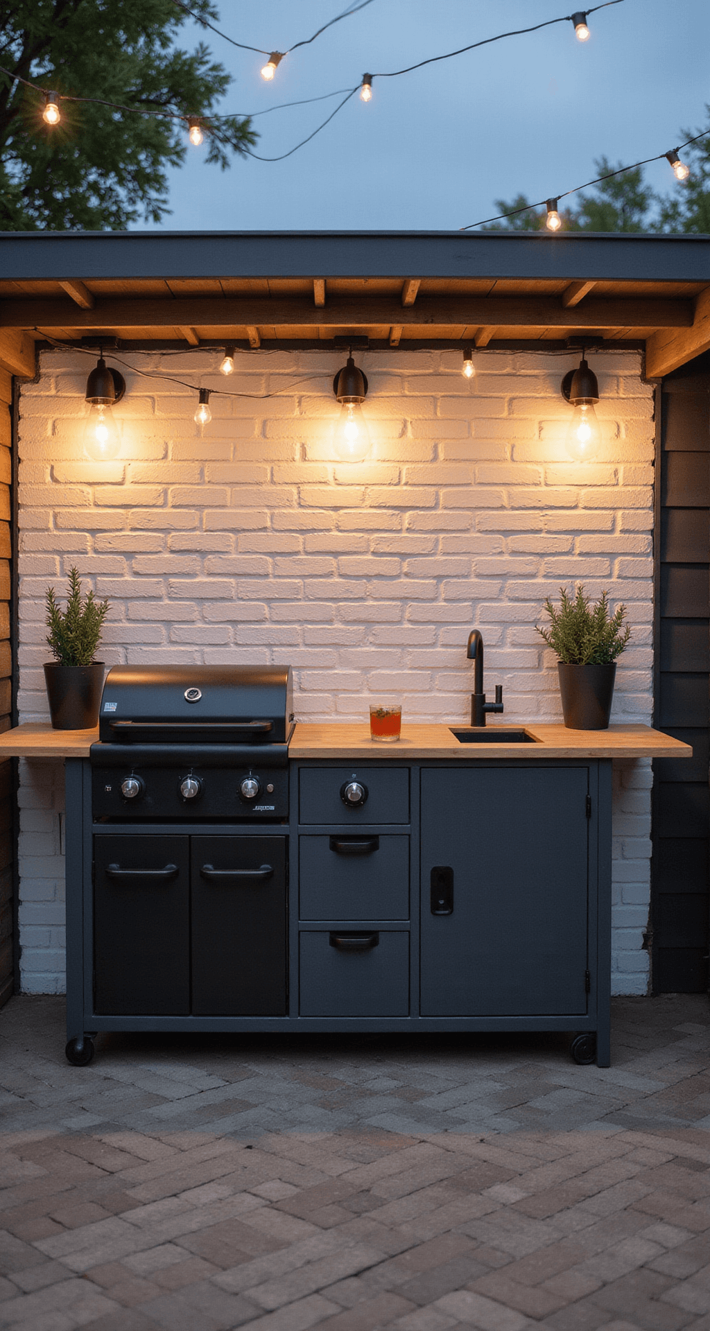 Intimate outdoor kitchen setup featuring GRILLSKÄR units in anthracite grey against a whitewashed brick wall, illuminated by string lights at dusk. A wheeled prep station with a butcher block top is centrally placed, complemented by potted rosemary and sage, and arranged on textured porcelain tile flooring in a herringbone pattern.