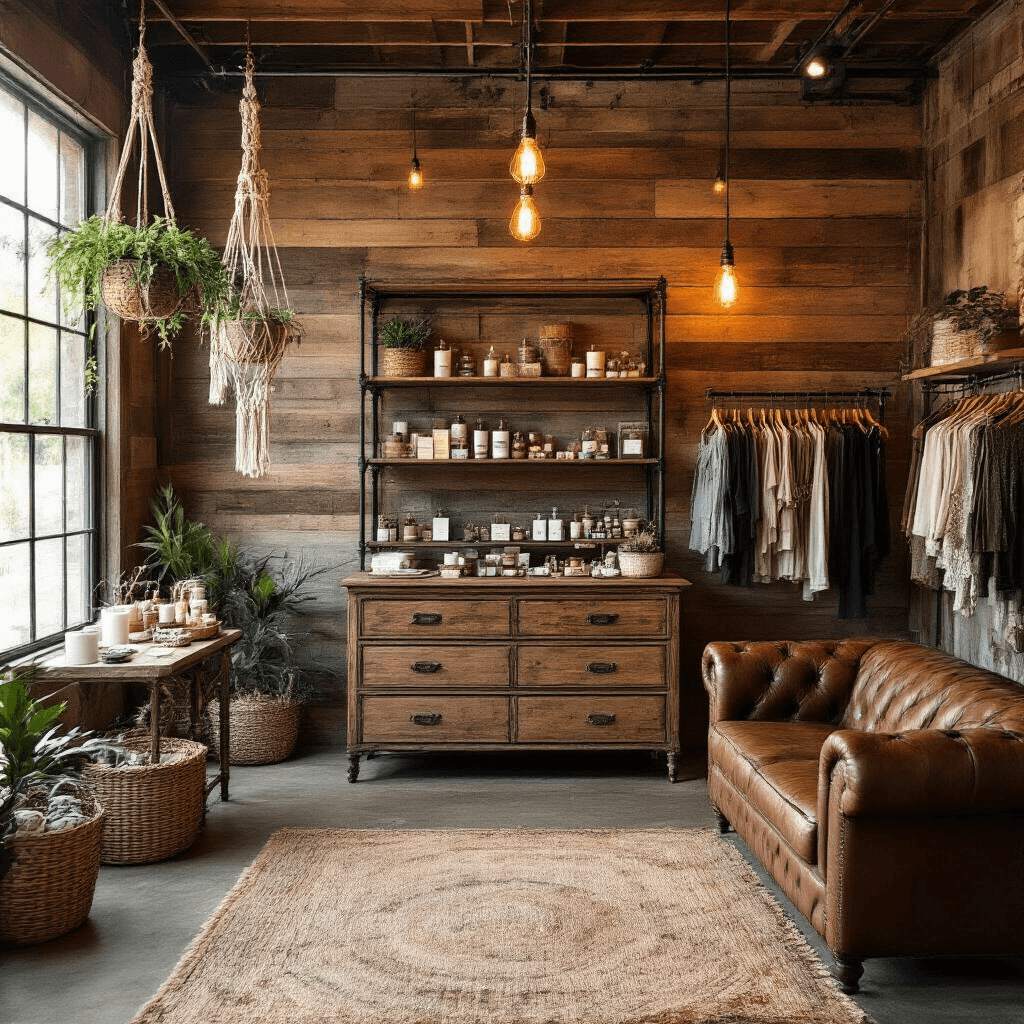A cozy rustic-chic boutique interior featuring reclaimed barn wood walls and industrial pipe clothing racks, accented by a vintage dresser displaying artisanal candles and soaps. Macramé plant hangers add greenery overhead, while a weathered leather chesterfield sofa invites relaxation. Edison bulb pendant lights create a warm glow over a central island showcasing handcrafted jewelry, with woven baskets underneath for extra stock. The scene is illuminated by golden hour lighting, enhancing the inviting atmosphere.