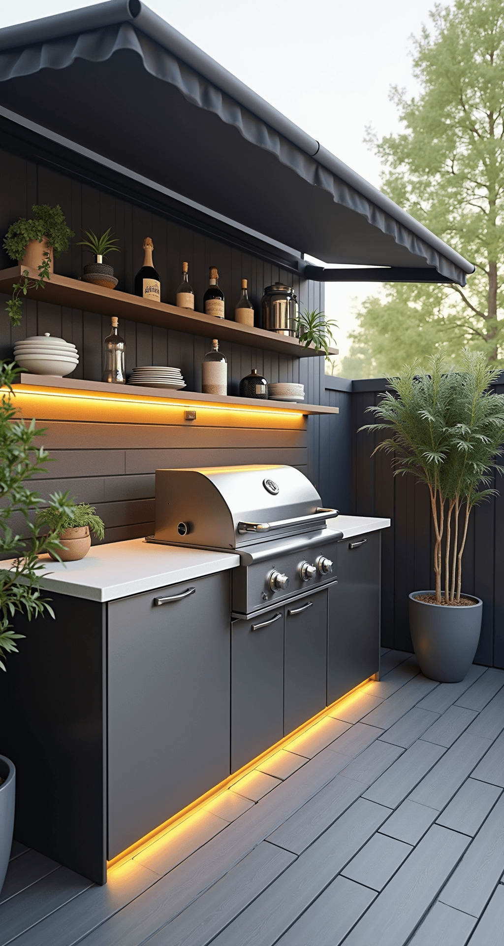 Corner outdoor kitchen vignette on a 6x8ft balcony, featuring a compact gas grill and ice bin in brushed stainless steel, with a charcoal grey retractable awning above. The space includes weathered grey composite decking, modern melamine serveware, succulent arrangements, and integrated LED strip lighting under floating shelves, captured in mid-morning light from a 30-degree angle.