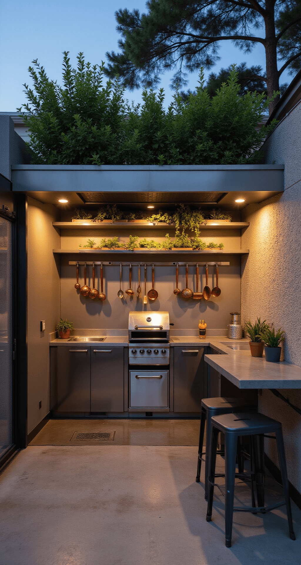 Vertical outdoor kitchen featuring a stainless steel rack system and compact pellet smoker as the focal point, illuminated at twilight with dramatic uplighting. The polished concrete floor includes inset drainage, while hanging copper utensils and an illuminated herb garden add style. Modernist powder-coated aluminum bar stools complete the composition.