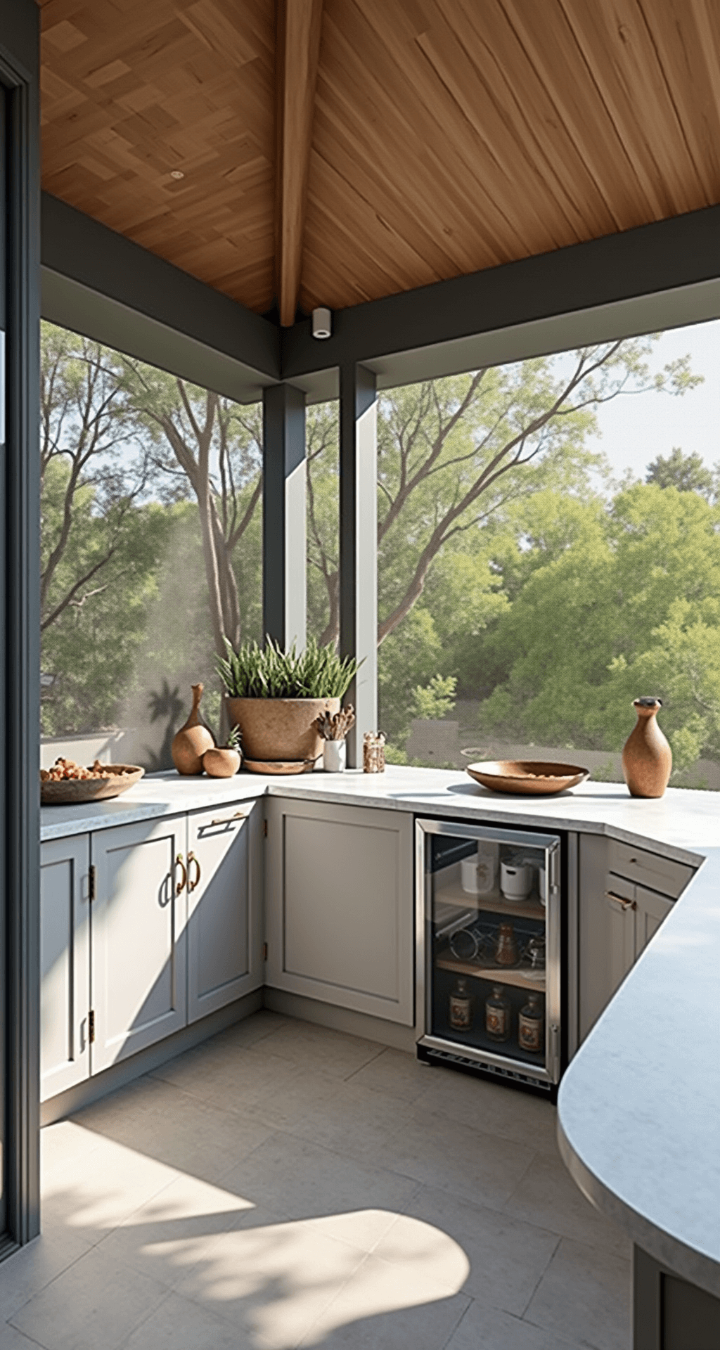 Intimate outdoor kitchen with pale grey quartz countertops and waterfall edge, featuring a built-in beverage center, geometric porcelain tile backsplash, and styled with artisanal ceramics, all illuminated by morning light filtering through privacy screens.