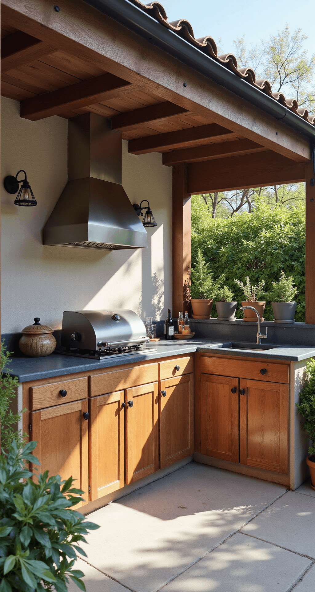 Outdoor kitchen featuring weather-resistant teak cabinetry, a compact gas range, and bluestone countertops, styled with Mediterranean accessories and potted citrus trees, all under a cantilevered roof illuminated by afternoon light.
