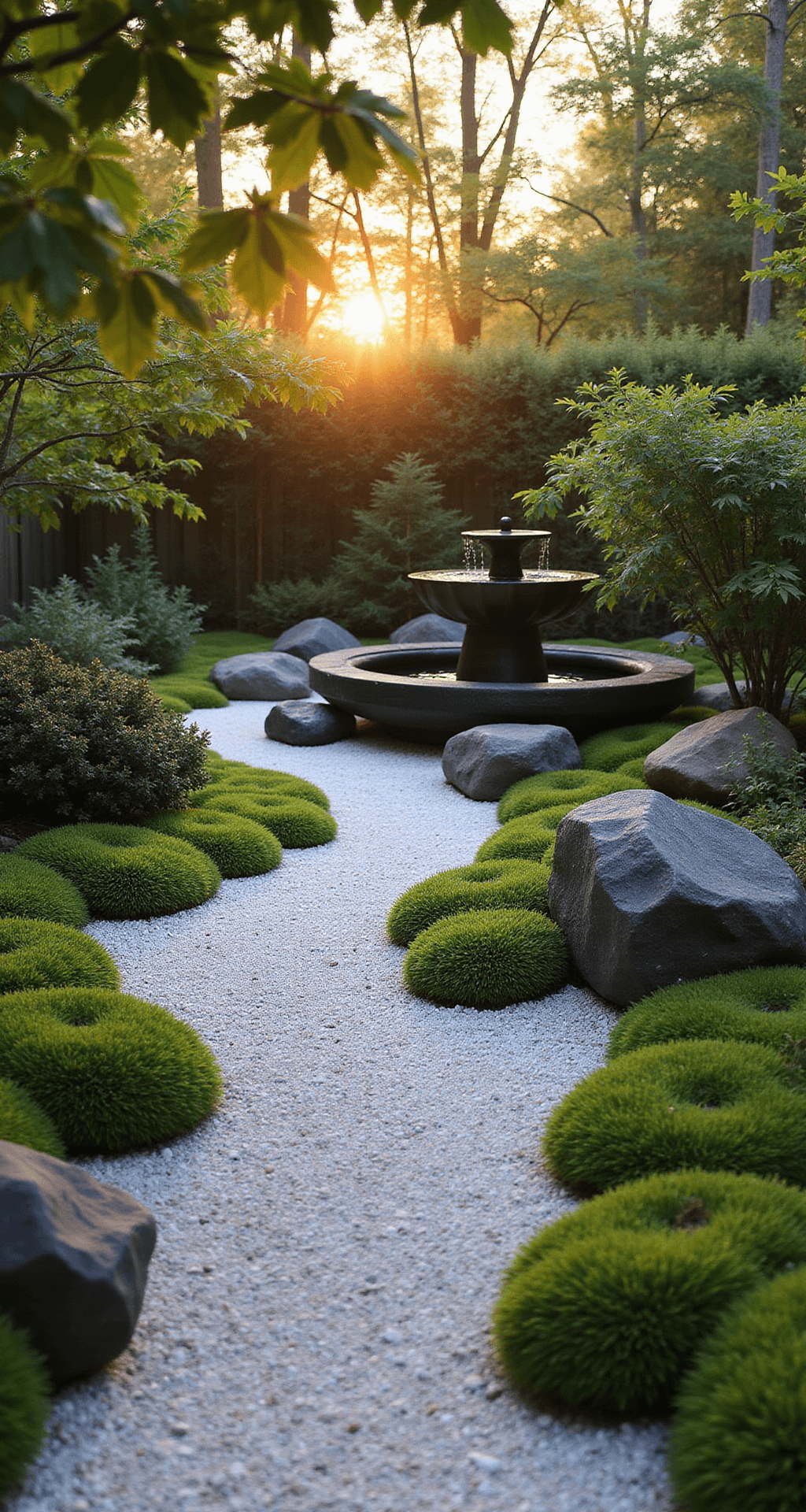 A serene Japanese-inspired garden at golden hour, featuring a winding pathway of white marble gravel through green moss patches, a dark bamboo water fountain surrounded by black river rocks, and warm sunset glow filtering through Japanese maple leaves.