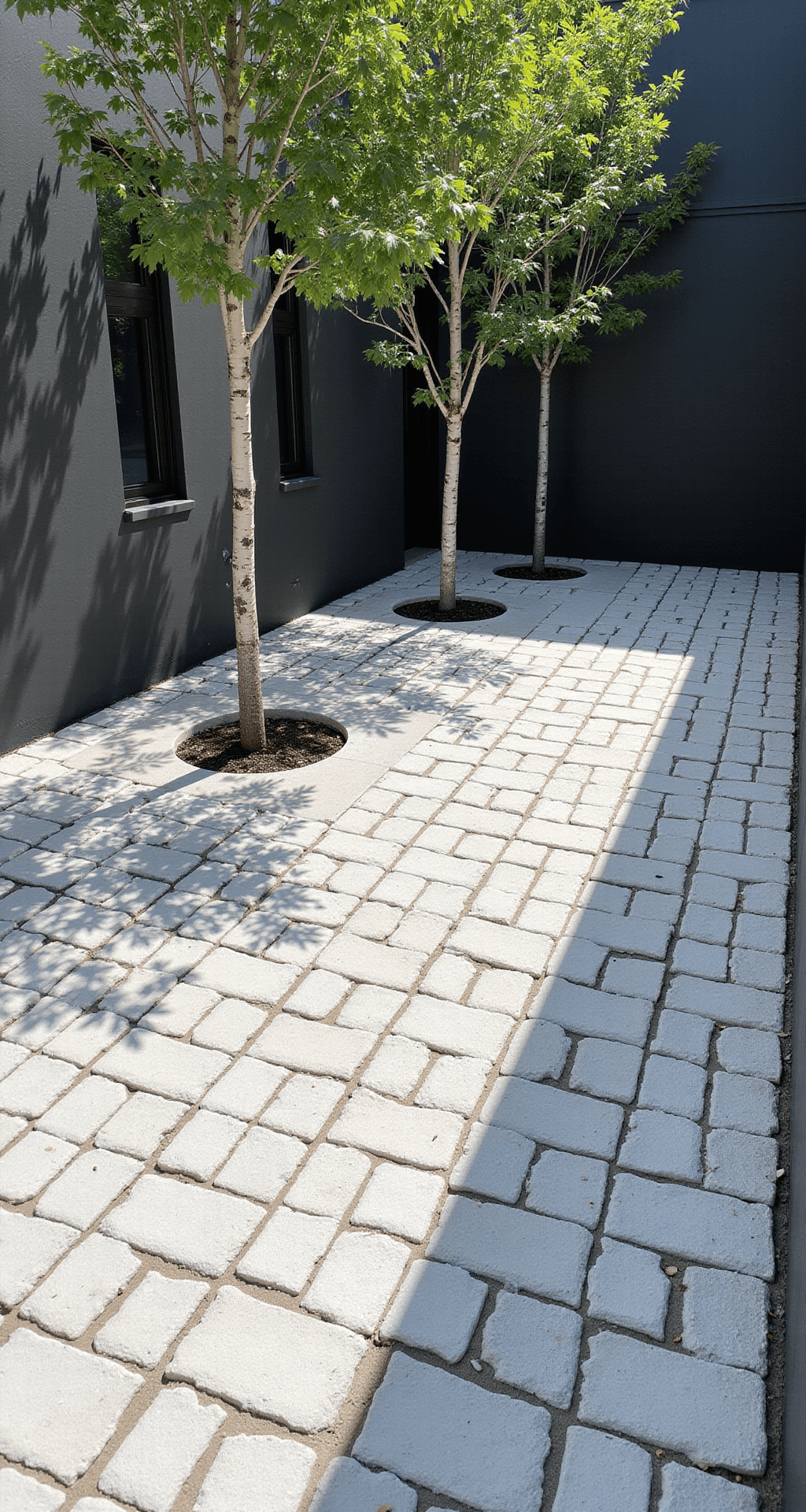 Overhead view of a modern minimalist courtyard garden featuring stark white cobblestones arranged in geometric patterns against a charcoal gray wall, with three silver birch trees emerging from circular cuts, showcasing dramatic shadow play and textures in a cool color temperature.
