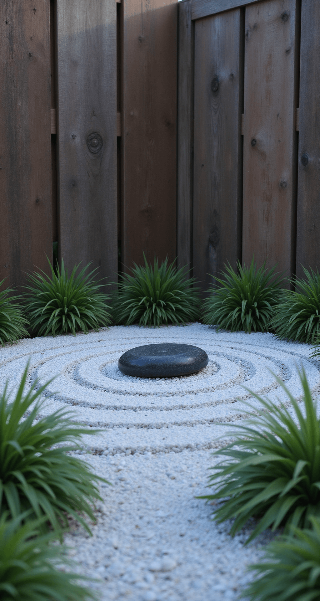 Intimate meditation corner at dawn, featuring a black granite stone surrounded by concentric circles of white pebbles, enclosed by weathered cedar screens. Soft green sedges edge the space, with morning dew glistening on the stones. The scene is captured from seated height in diffused early morning light, emphasizing cool blue hour tones.