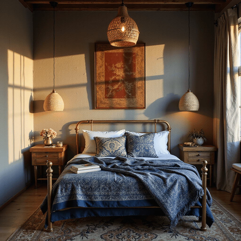 A bohemian bedroom retreat at dusk featuring a brass bed frame surrounded by indigo-dyed textiles and Moroccan wedding blankets, illuminated by rattan pendant lights casting shadows on textured walls.