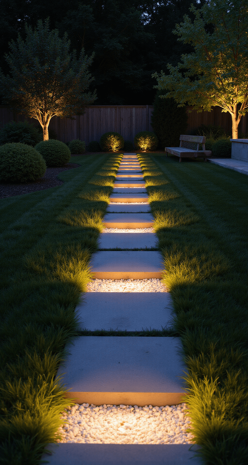 A twilight garden pathway featuring uplighted white marble chips and black mondo grass, with floating concrete stepping stones in an offset pattern, illuminated by copper path lights casting warm pools of light, captured in a moody long exposure.