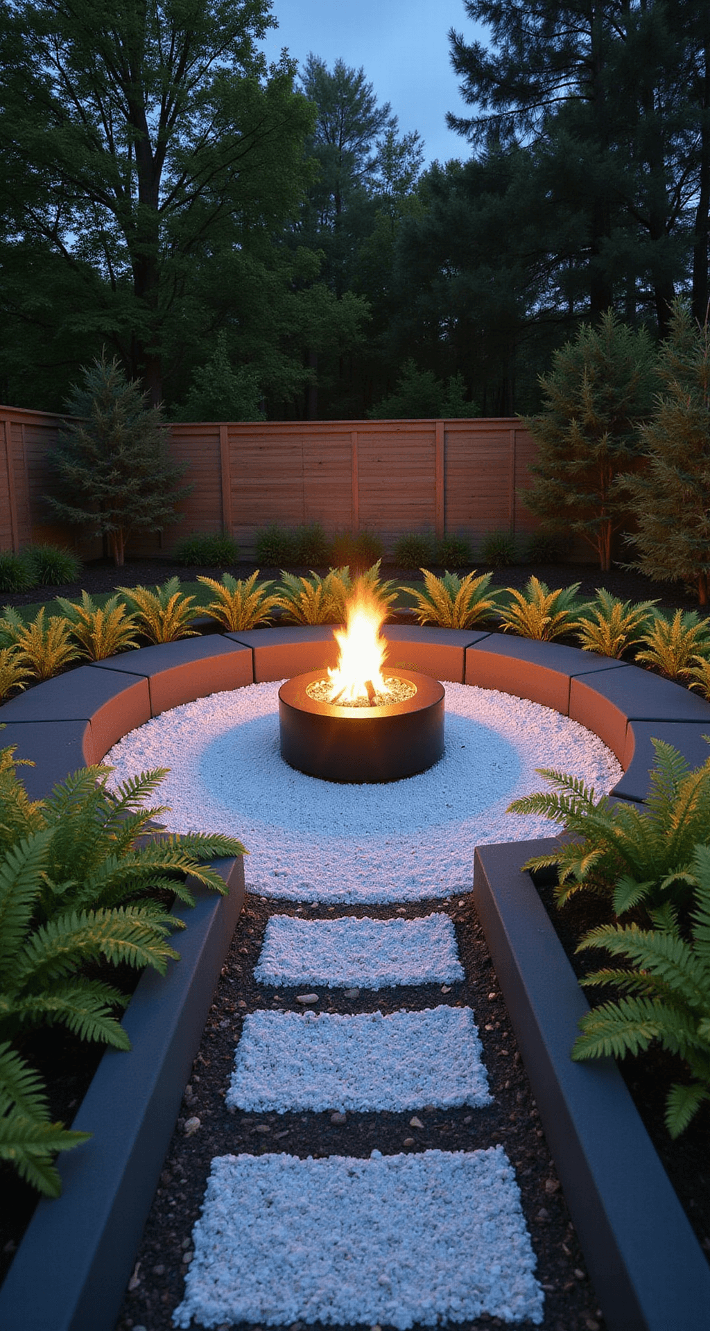 Contemporary fire pit area at dusk featuring a 12ft diameter circle of bright white crushed quartz surrounding a black metal fire bowl, bordered by structured ghost ferns and low charcoal gray sectional seating, illuminated by warm fire glow against cool evening light, creating a dramatic night garden atmosphere.