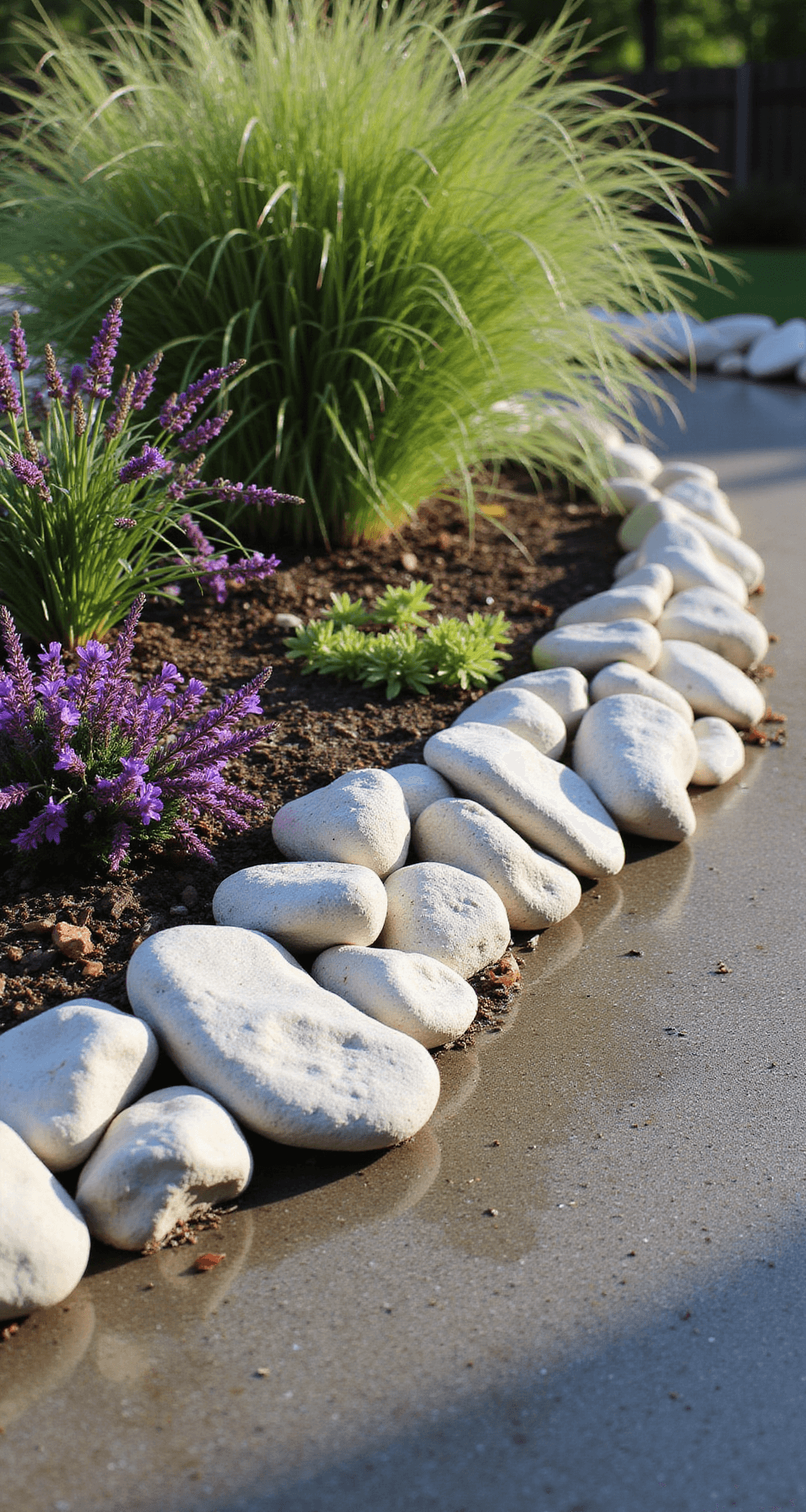 Morning sunlight illuminates a 20ft raised bed bordered with pure white river rocks, accented by purple salvias and ornamental grasses spilling over. Dew drops glisten on the rocks, with a 45-degree angle perspective showcasing the layered plantings behind the stone edge, creating a vibrant and fresh garden atmosphere.
