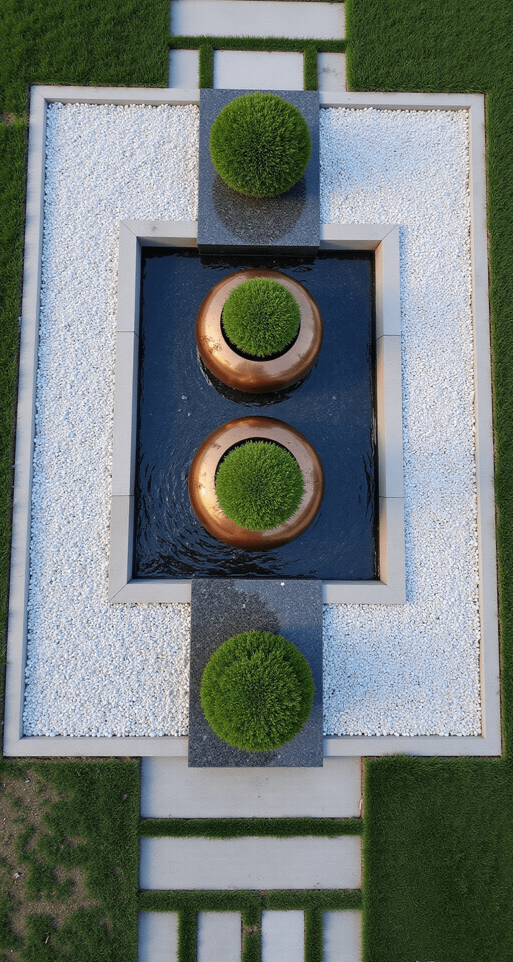 Overhead view of a 10x10ft modern water feature with a black granite water wall, surrounded by white marble chips and accented by structured boxwood balls, featuring three aged copper vessels emerging from the stone field, captured in late afternoon light with long shadows.