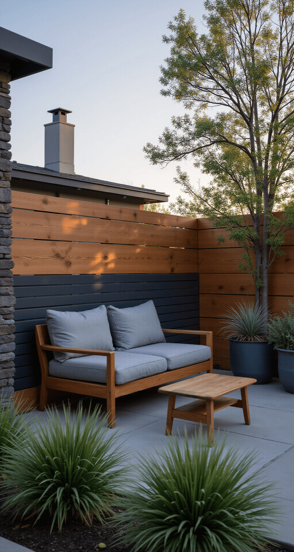 A modern backyard sanctuary at golden hour, featuring a 6-foot tall horizontal metal panel fence with alternating charcoal panels and warm cedar crosspieces, lush container gardens with silver grasses in the foreground, and mid-century modern teak furniture.