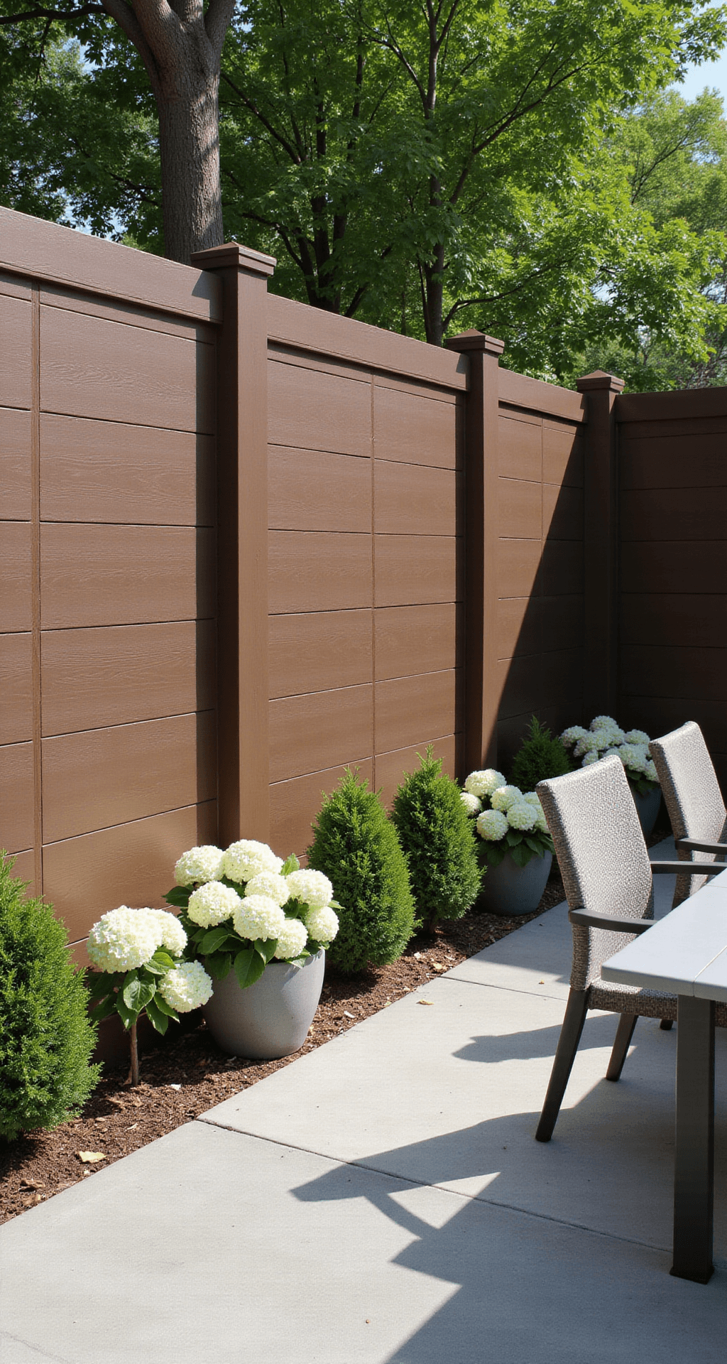 A warm cappuccino brown composite fence, 30 feet long, showcases uniform texture and subtle wood grain, surrounded by white hydrangeas and emerald boxwoods in contemporary concrete planters, with dappled sunlight creating shadow patterns; a modern gray outdoor dining set is included in the scene.