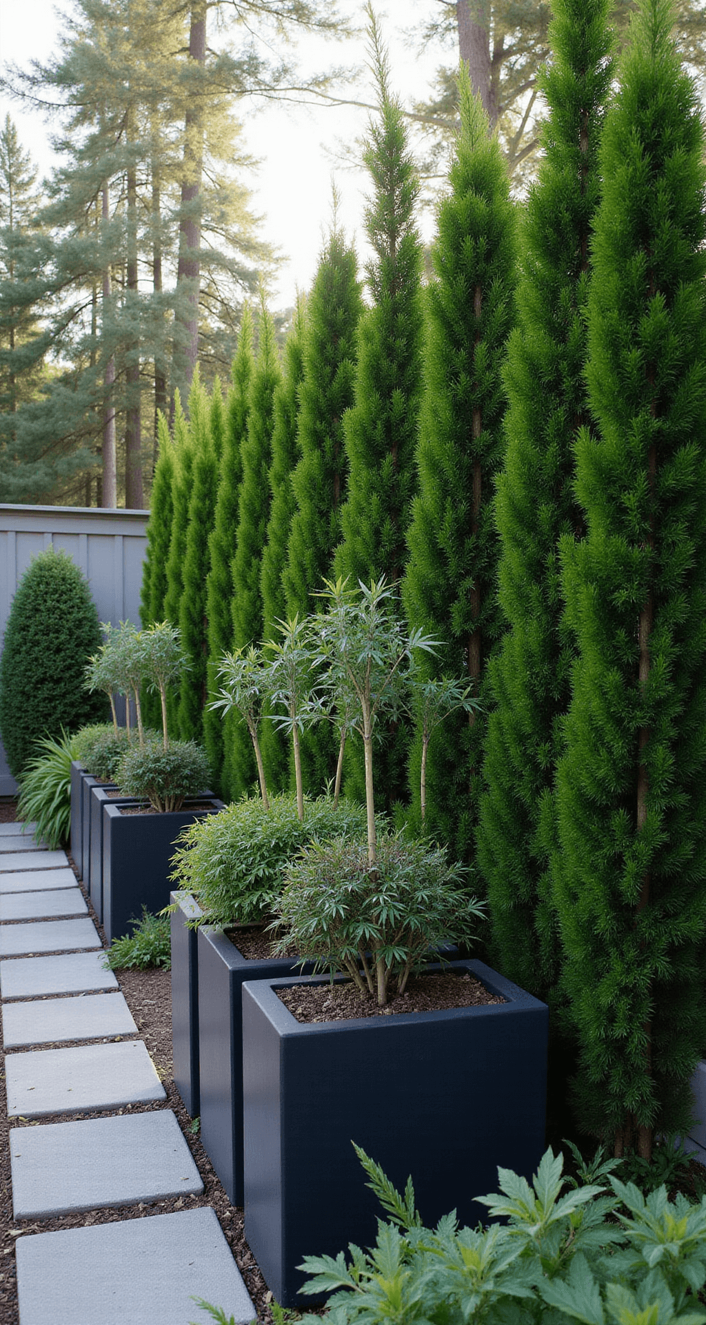 Early morning scene of an 8-foot emerald arborvitae privacy screen with bamboo shoots in modern black planters, dew-drenched and illuminated by garden lighting along a stone path.