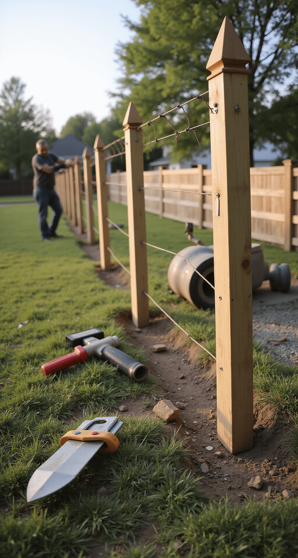 A worker installing a DIY fence, setting pressure-treated posts in afternoon light, with tools arranged in the foreground and a cement mixer nearby. The image captures proper technique from the worker's eye level, with a completed section in the background featuring decorative post caps.