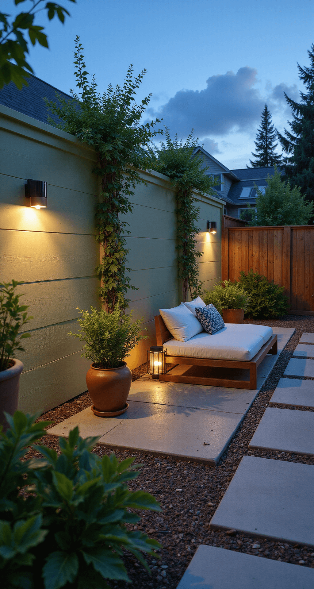 A stylish 7-foot sage green composite fence illuminated by modern copper solar lights, with climbing jasmine for texture and a contemporary lounger in a staged seating area, captured at blue hour from a low angle.