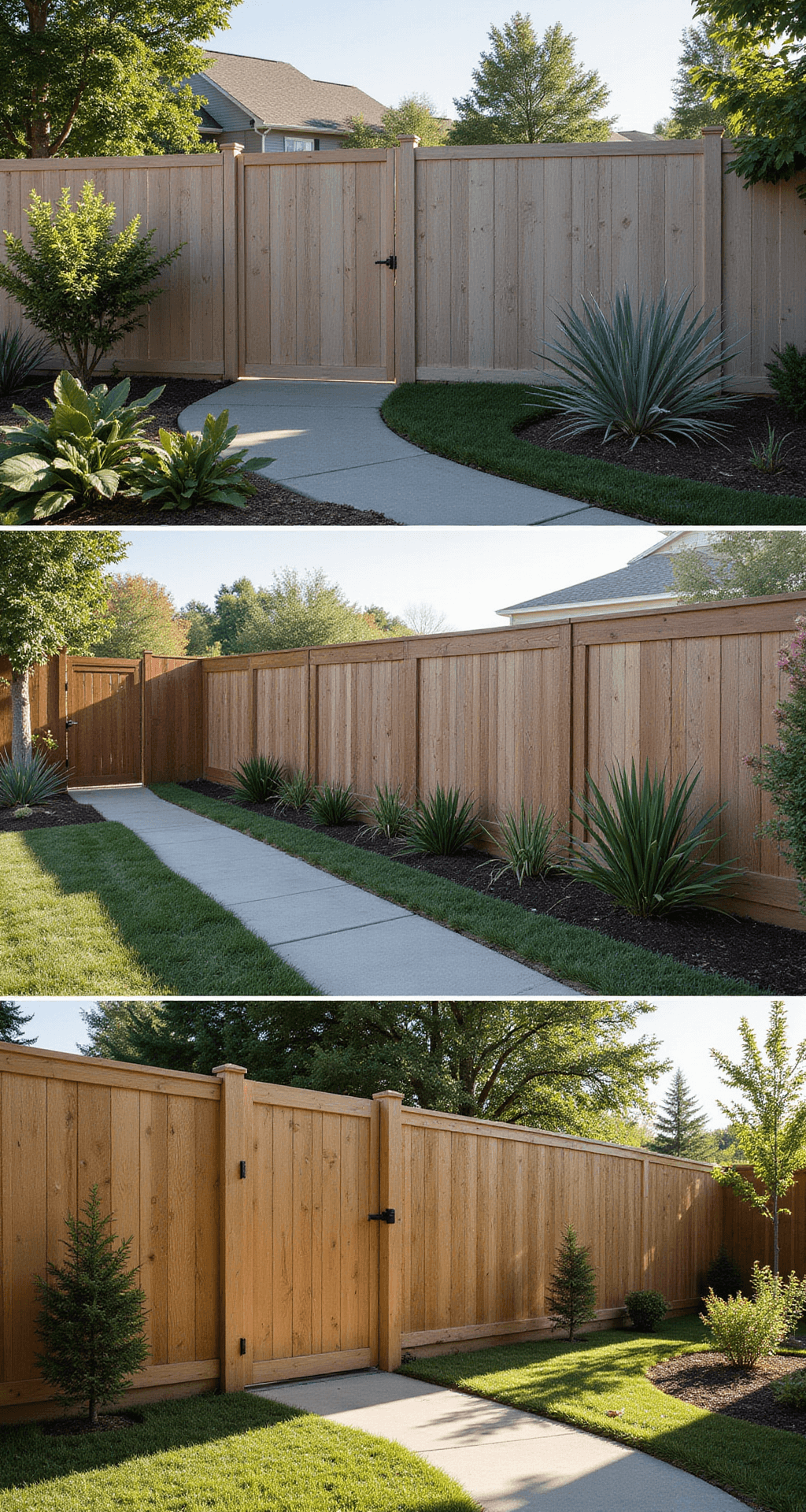 Aerial view of a cost-comparison scene featuring four distinct fence types, each beautifully integrated with complementary landscaping. Morning light accentuates the textures of the materials, while clear price comparisons are visible, framed within an architectural composition characterized by strong leading lines.