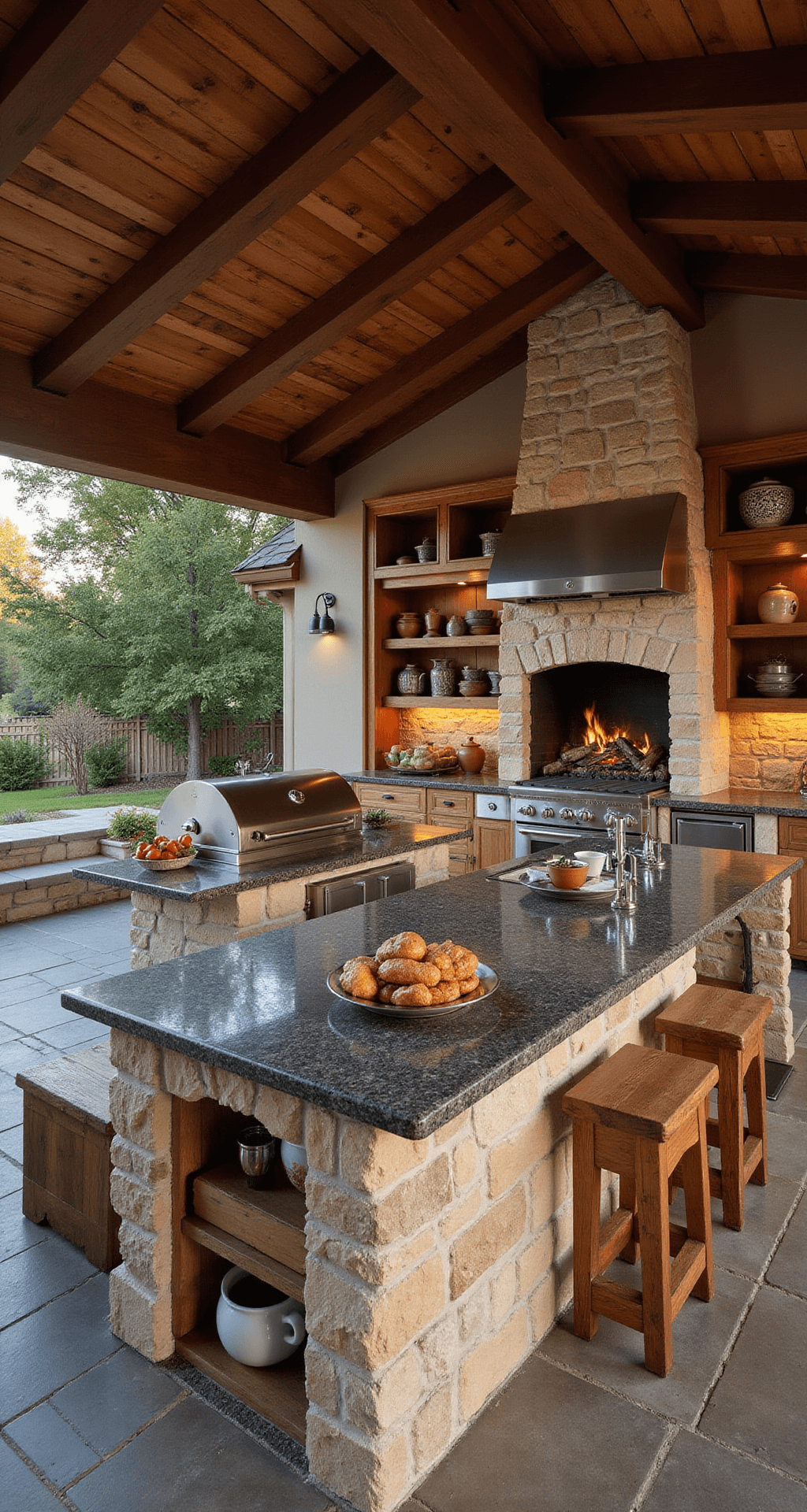 Wide-angle shot of a rustic outdoor kitchen under a weathered cedar pergola, featuring a stainless steel grill, leathered granite island, and reclaimed barn wood shelving, illuminated by warm LED lights and natural sunlight during golden hour.
