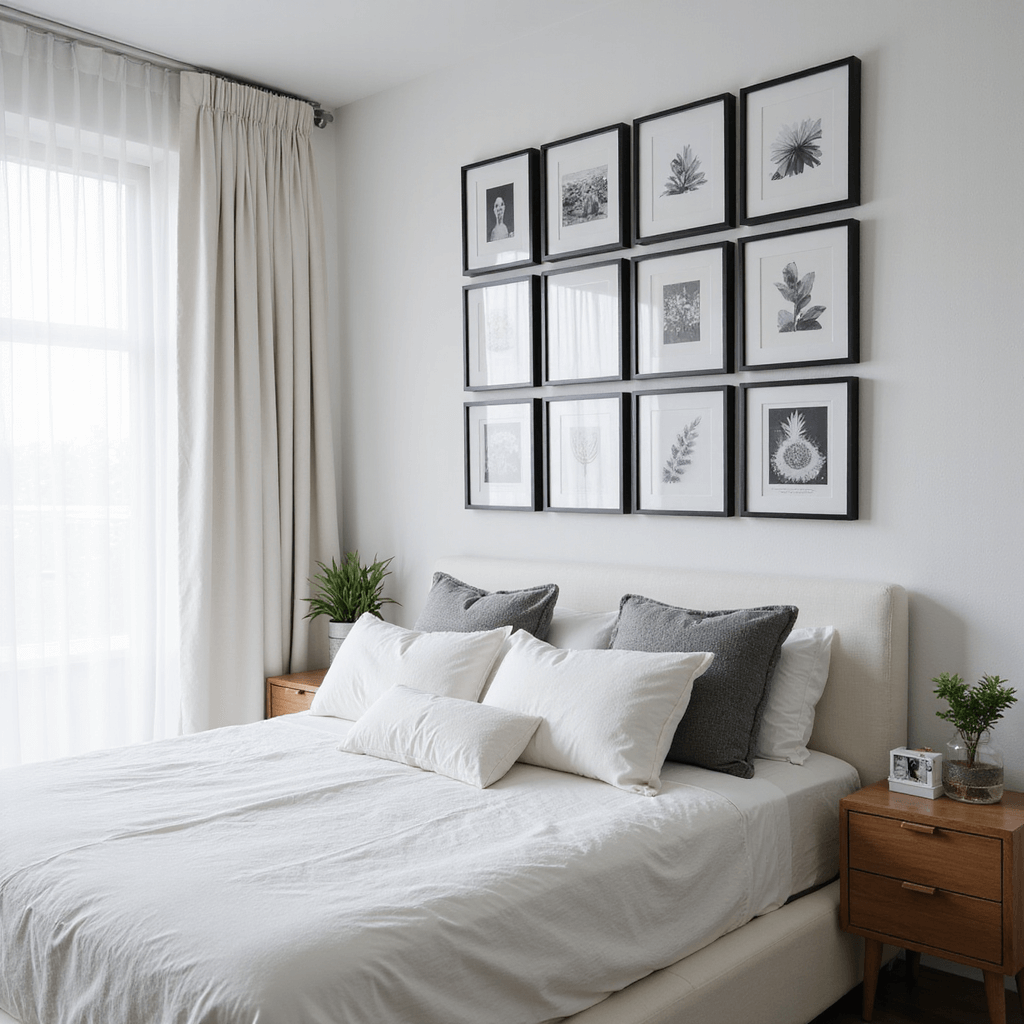 A modern bedroom with a low-profile platform bed and a classic 4x4 grid gallery wall above. The wall features sixteen black frames with black and white photographs, set against a 'Simply White' backdrop, illuminated by soft morning light through sheer white curtains. The crisp white linen bedding with minimal grey accents enhances the serene atmosphere, with a focus on geometric precision and symmetry.