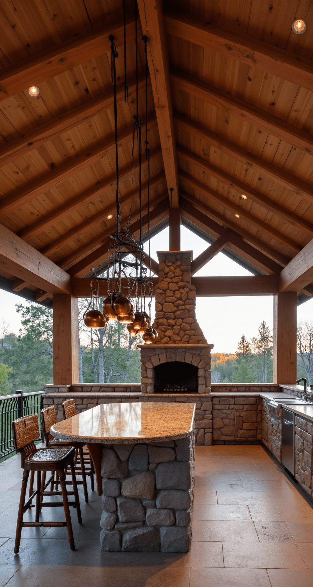 Low-angle interior view of a cozy mountain lodge outdoor kitchen pavilion at dusk, featuring massive exposed Douglas fir beams, a vaulted ceiling, and a central island with rough-hewn granite. The wood-fired pizza oven serves as a focal point, surrounded by stamped concrete flooring and vintage copper pots hanging from an iron rack, with soft backlight from the setting sun illuminating the space.