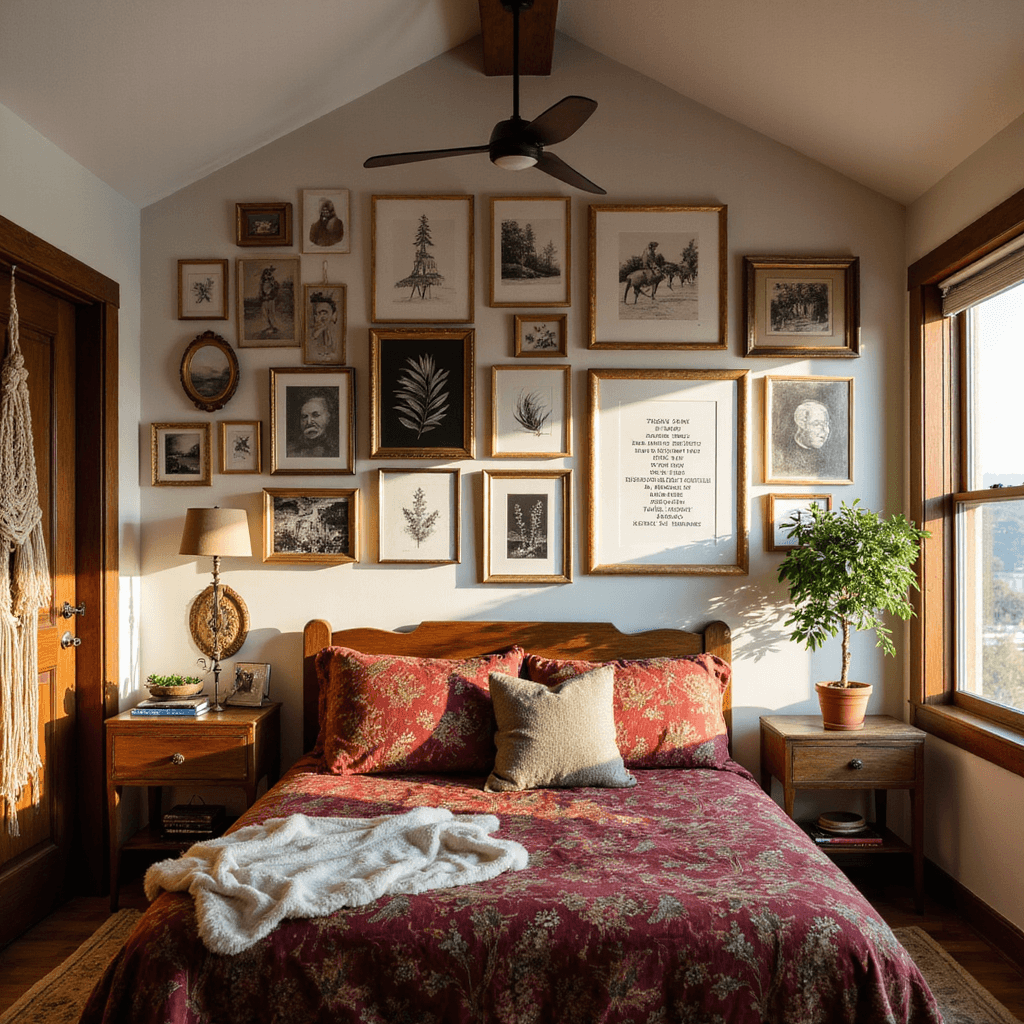 An eclectic bohemian bedroom with vaulted ceilings, featuring a sprawling gallery wall of varied framed art, warm golden hour lighting, rich jewel-toned bedding, and macramé wall hangings, captured from a slight upward angle with a wide-angle lens.