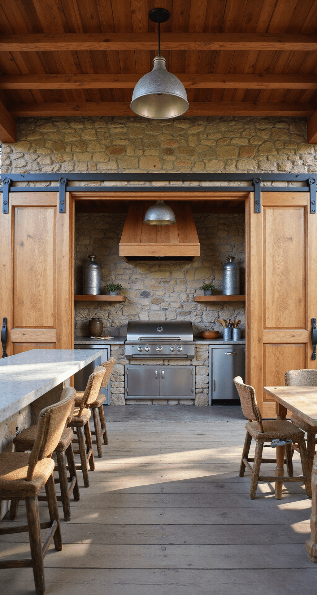 Eye-level view of a Texas ranch-style outdoor kitchen featuring 12ft cedar barn doors, limestone walls, and a grill station, illuminated by natural morning light filtering through pergola slats. Distressed metal pendant lights hang over concrete countertops with embedded fossils, while vintage galvanized containers hold cooking utensils, all set against rustic wooden plank flooring.