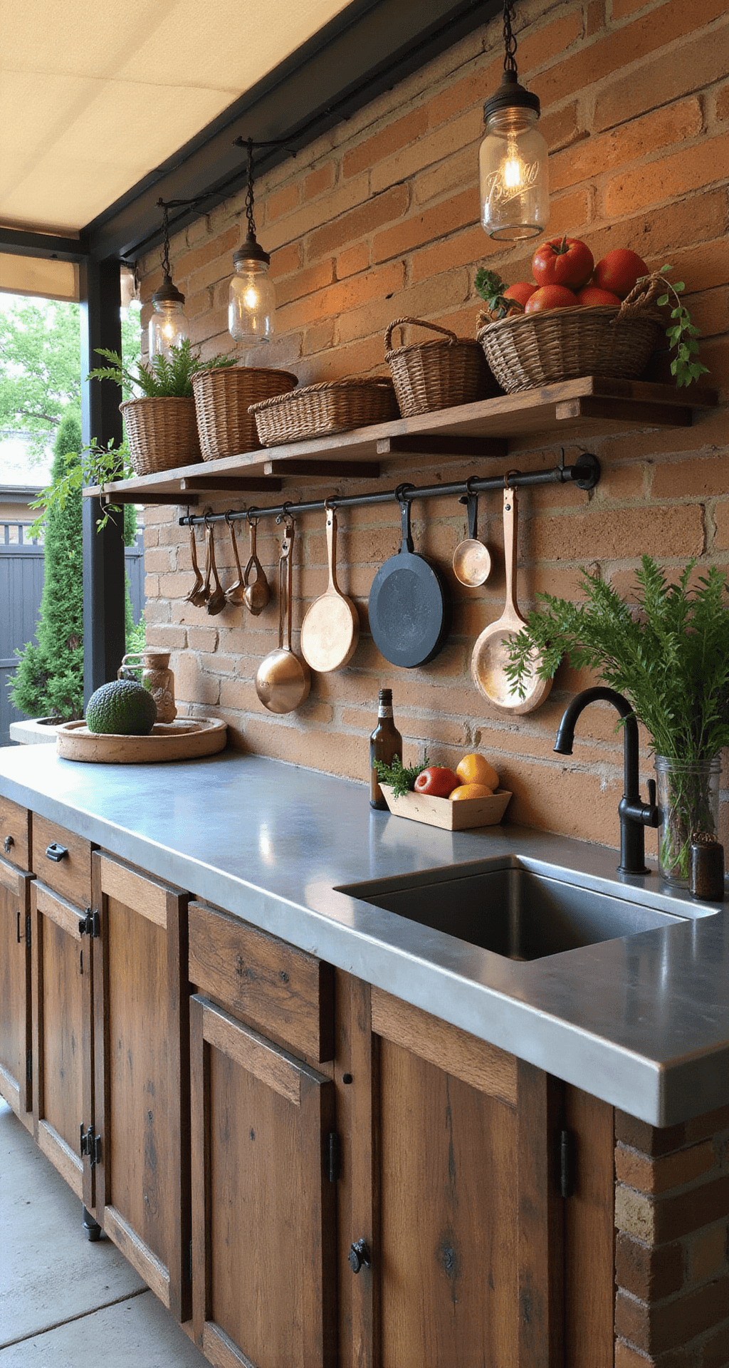 Overhead view of an outdoor kitchen's prep area featuring a reclaimed wood counter with a zinc top showing wear, mason jar pendant lights casting shadows, woven baskets filled with fresh produce, and artfully arranged copper cooking tools on open shelving, illuminated by soft diffused light through a canvas awning.