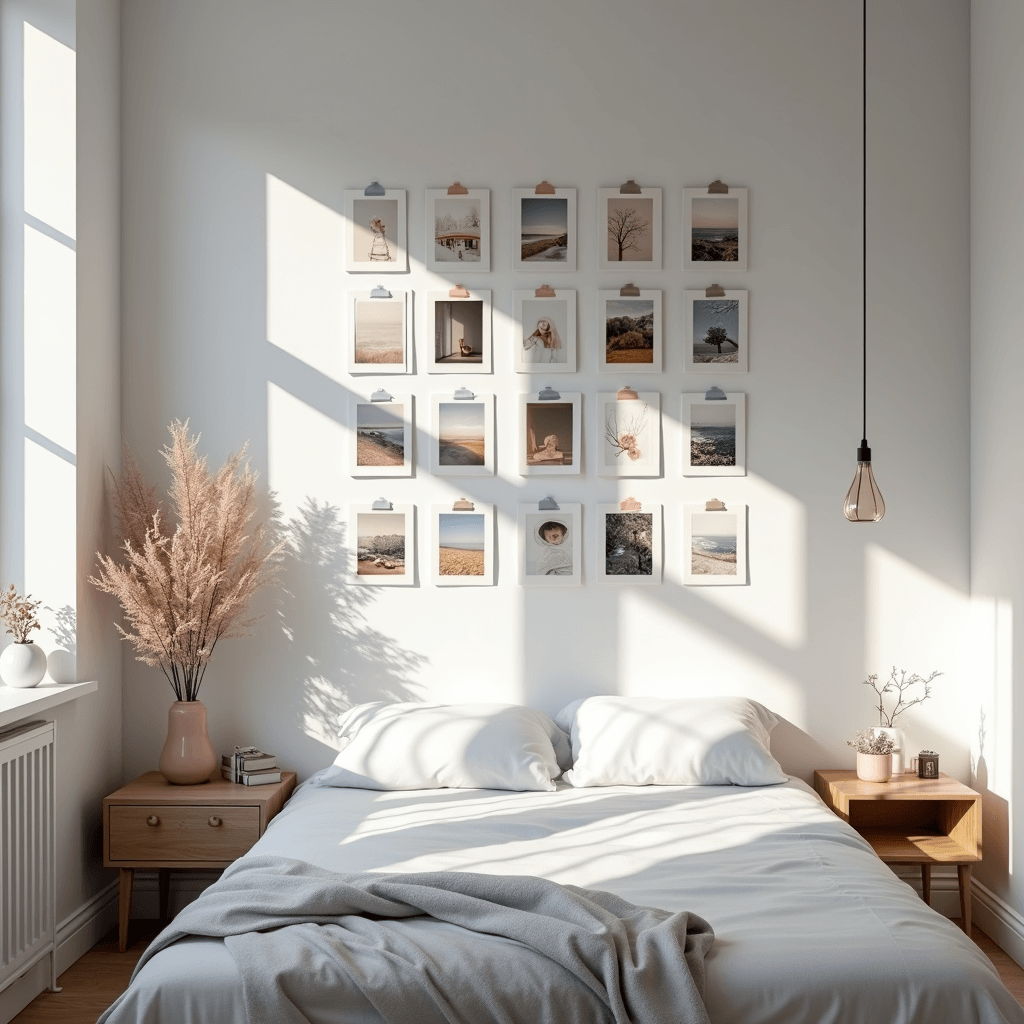 A minimalist Scandinavian-style bedroom featuring a washi tape photo display on a white wall, illuminated by late afternoon sunlight, showcasing unframed prints held by pastel and metallic tape in geometric patterns, with a low wooden bed and a single pendant light in a cool grey and white color palette accented by subtle blush tones.