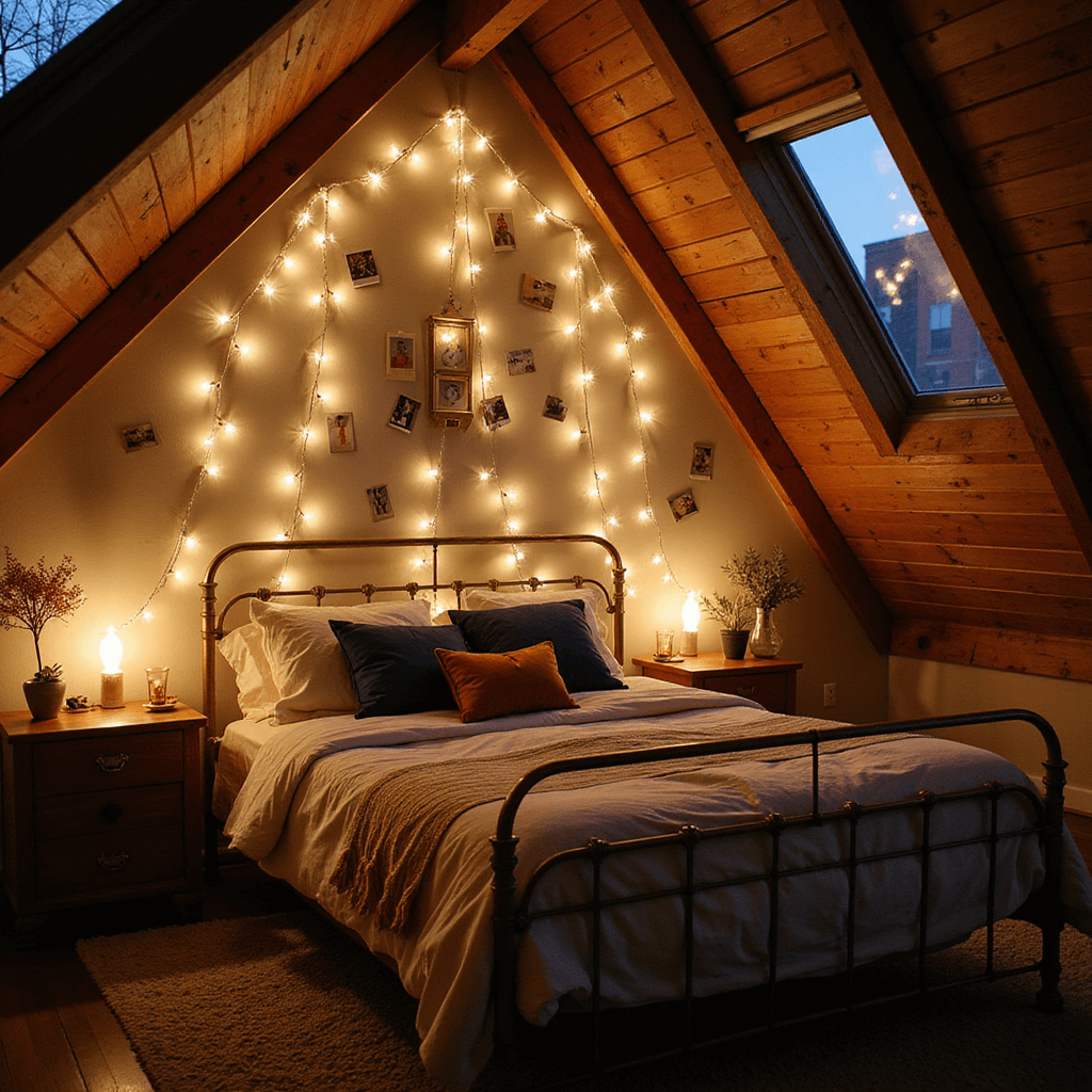 Cozy attic bedroom at dusk with exposed wooden beams, warm white fairy lights cascading down a 7-foot accent wall adorned with vintage Polaroids and art clips. Vintage brass bed dressed in cream, rust, and navy textiles, captured with a shallow depth of field for a magical bokeh effect on the lights.