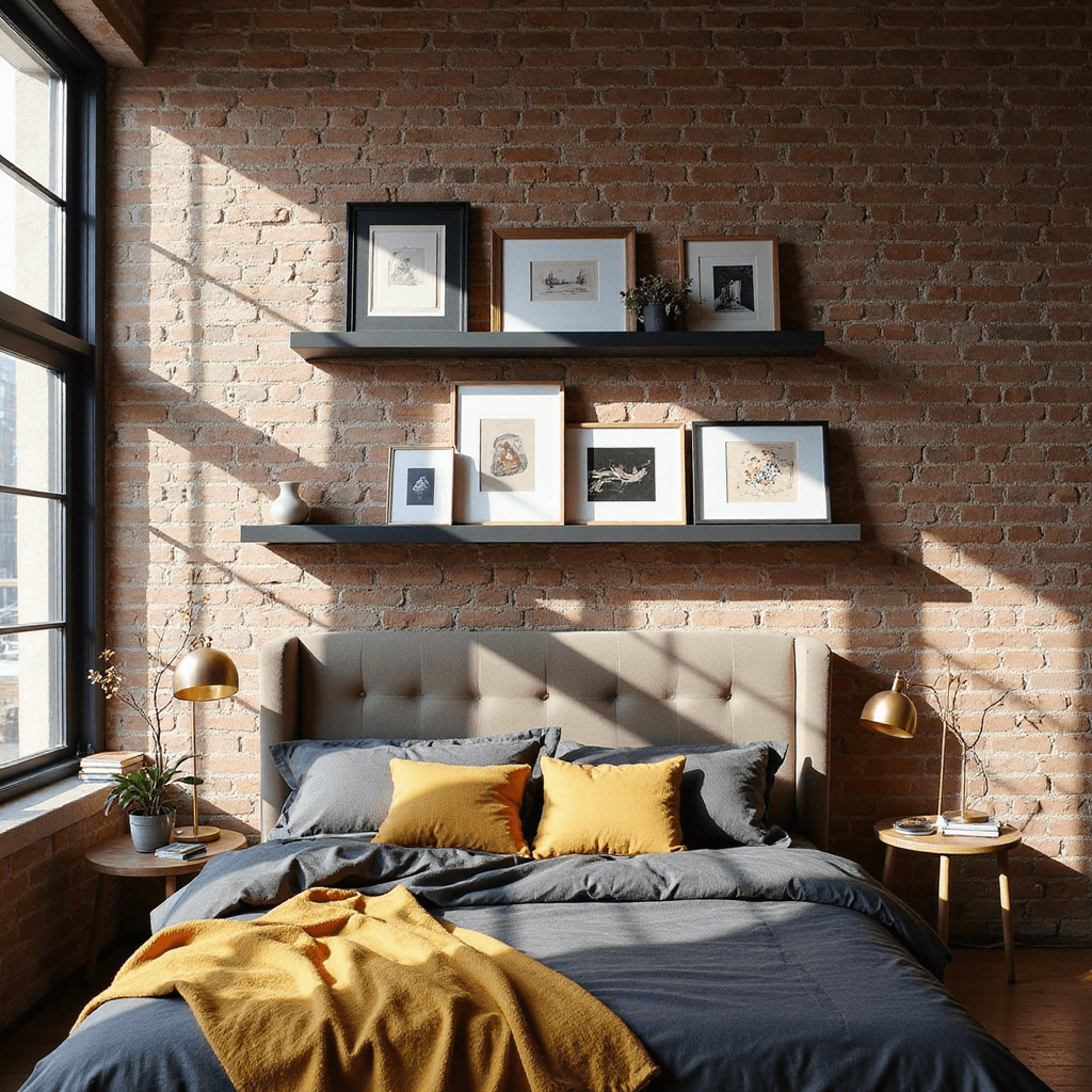 A contemporary loft bedroom with three staggered floating picture ledges on an exposed brick wall, showcasing a mix of black, oak, and brass frames with abstract art and sculptures. Morning light filters through industrial windows, creating shadows, while charcoal linen bedding with mustard accents enhances the urban vibe.