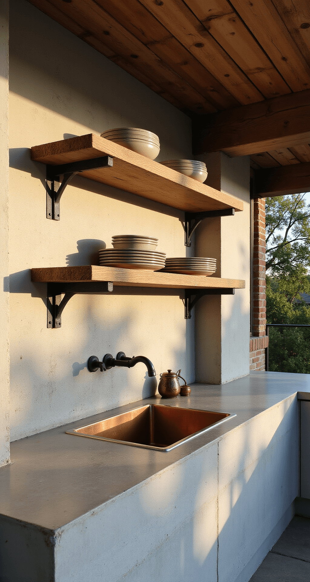 Close-up of an outdoor kitchen showcasing rough concrete countertops and a natural stone backsplash, with vintage metal shelving holding earthenware plates, a copper sink reflecting sunlight, and a reclaimed barn wood ceiling with rich patina, highlighting artisanal craftsmanship and material textures in morning light.