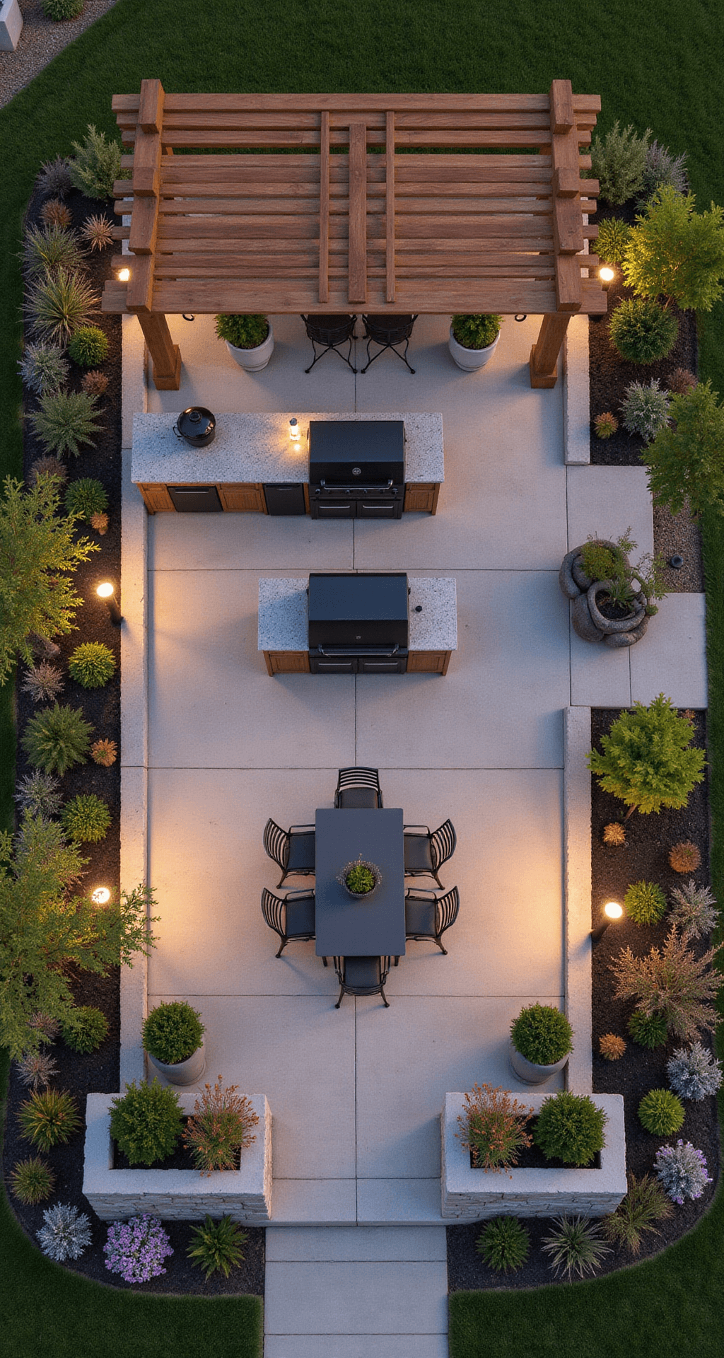 Bird's eye view of an outdoor kitchen layout at sunset, showcasing distinct zones for cooking, dining, and lounging in a 30x40ft space. A central stone island with matte black appliances is highlighted beneath a timber pergola creating geometric shadows. A vintage metal dining set is surrounded by container gardens, while stamped concrete pathways connect different areas. Golden hour lighting enhances the organized yet organic flow of the space.