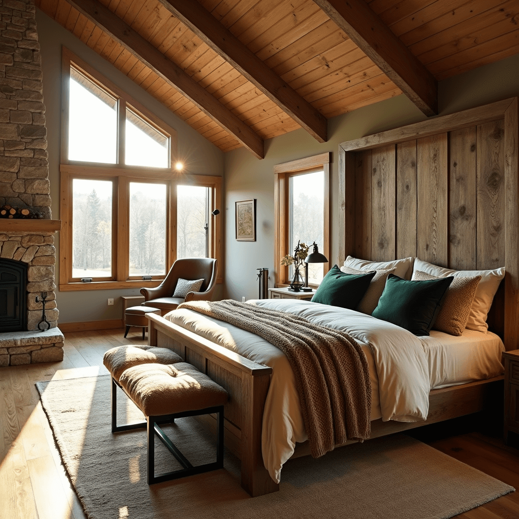 A spacious master bedroom featuring a king bed with a tall headboard, dressed in cream linens and earthy knit throws, illuminated by golden hour sunlight through timber-framed windows, with weathered oak beams, a distressed leather armchair, a black floor lamp, and a raw stone fireplace.