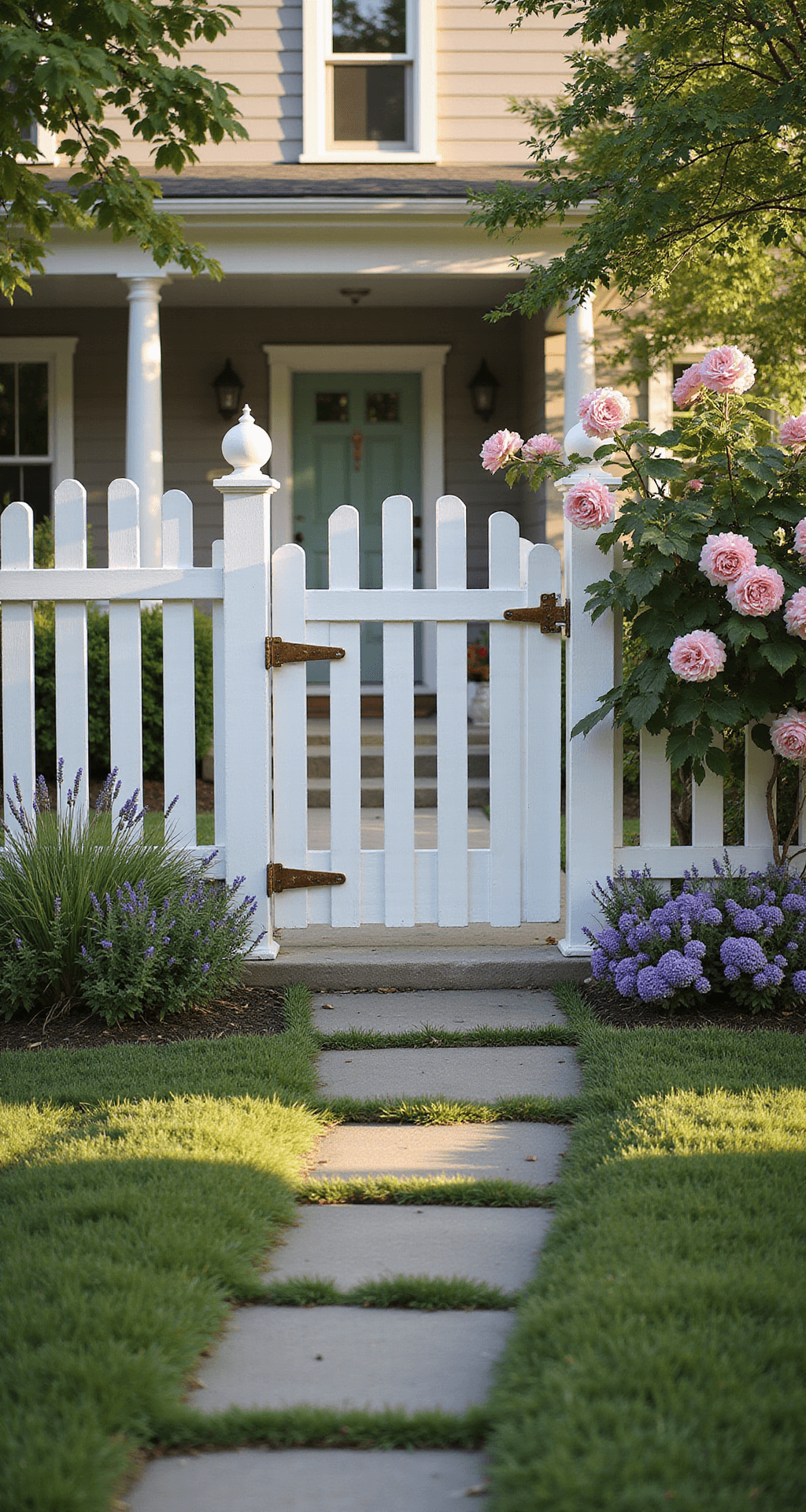 A picturesque cottage-style front garden at golden hour, featuring a pristine white picket fence adorned with climbing pink roses, a curved flagstone path leading to a sage green door, and weathered copper lanterns flanking the gate, all set against a backdrop of soft-focus house and manicured lawn.