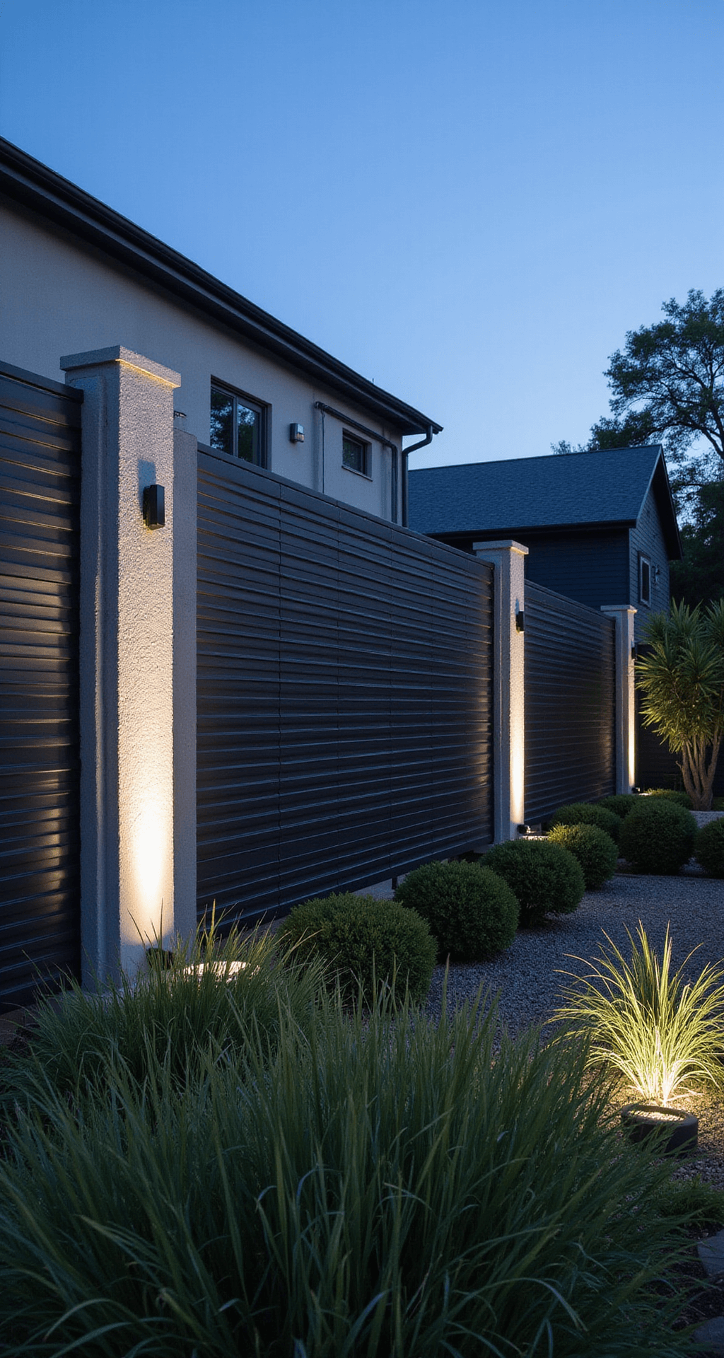 A modern metal fence with matte black aluminum slats stands 6 feet tall, illuminated by LED uplighting, against a backdrop of an industrial-modern home and swaying native grasses, captured during blue hour in cool tones.