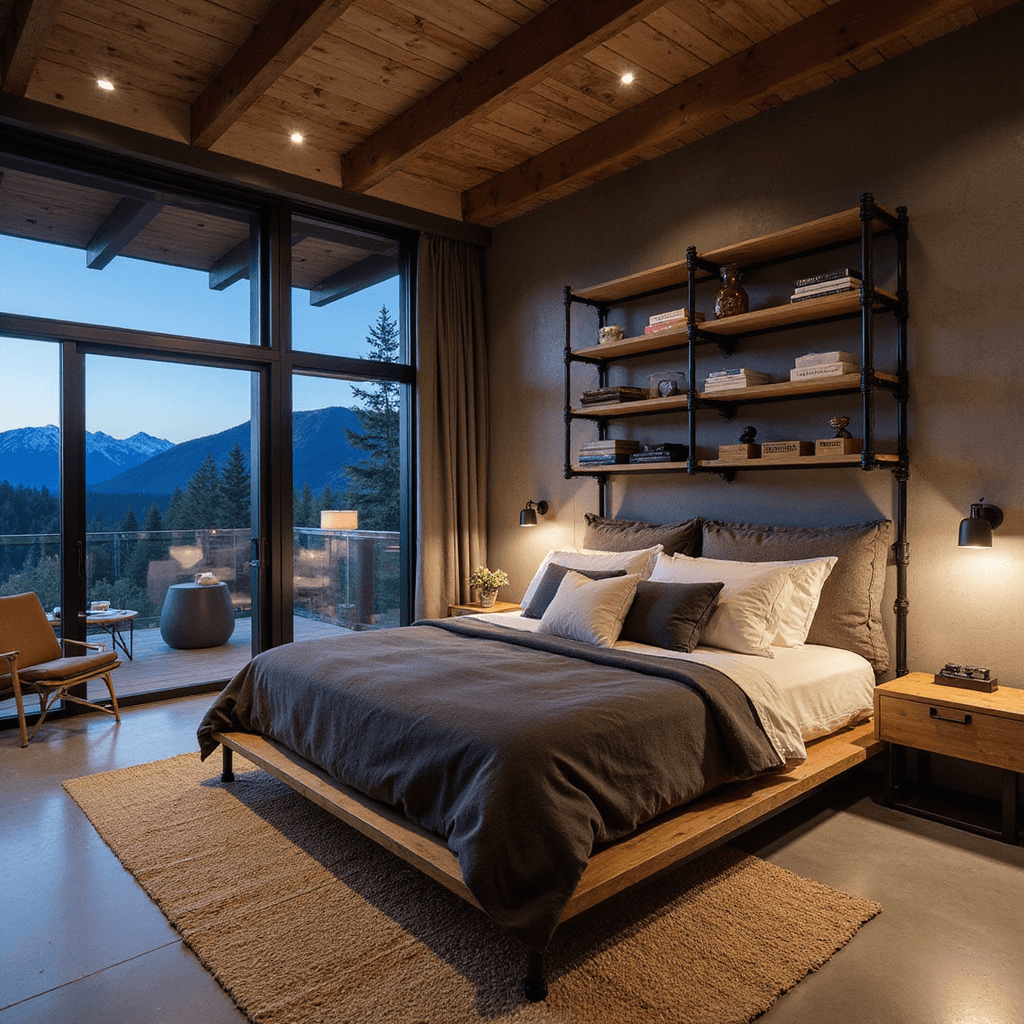 A modern rustic primary bedroom with polished concrete floors and rough-hewn ceiling beams, featuring a sleek black steel platform bed with reclaimed oak, dressed in charcoal linen and ivory pillows. Industrial pipe shelving holds vintage finds, complemented by a jute rug. Floor-to-ceiling windows showcase mountain views in moody evening light.