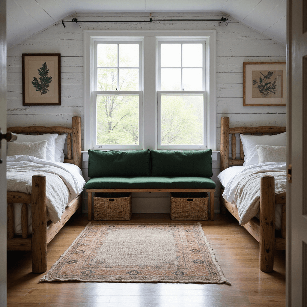 A cozy 10x12ft woodland-inspired bedroom featuring twin log-style beds, a forest green velvet window seat, weathered white pine shiplap walls, earth-toned handwoven rugs, vintage botanical prints in brass frames, and woven baskets for storage, captured in soft afternoon light from a doorway height angle.