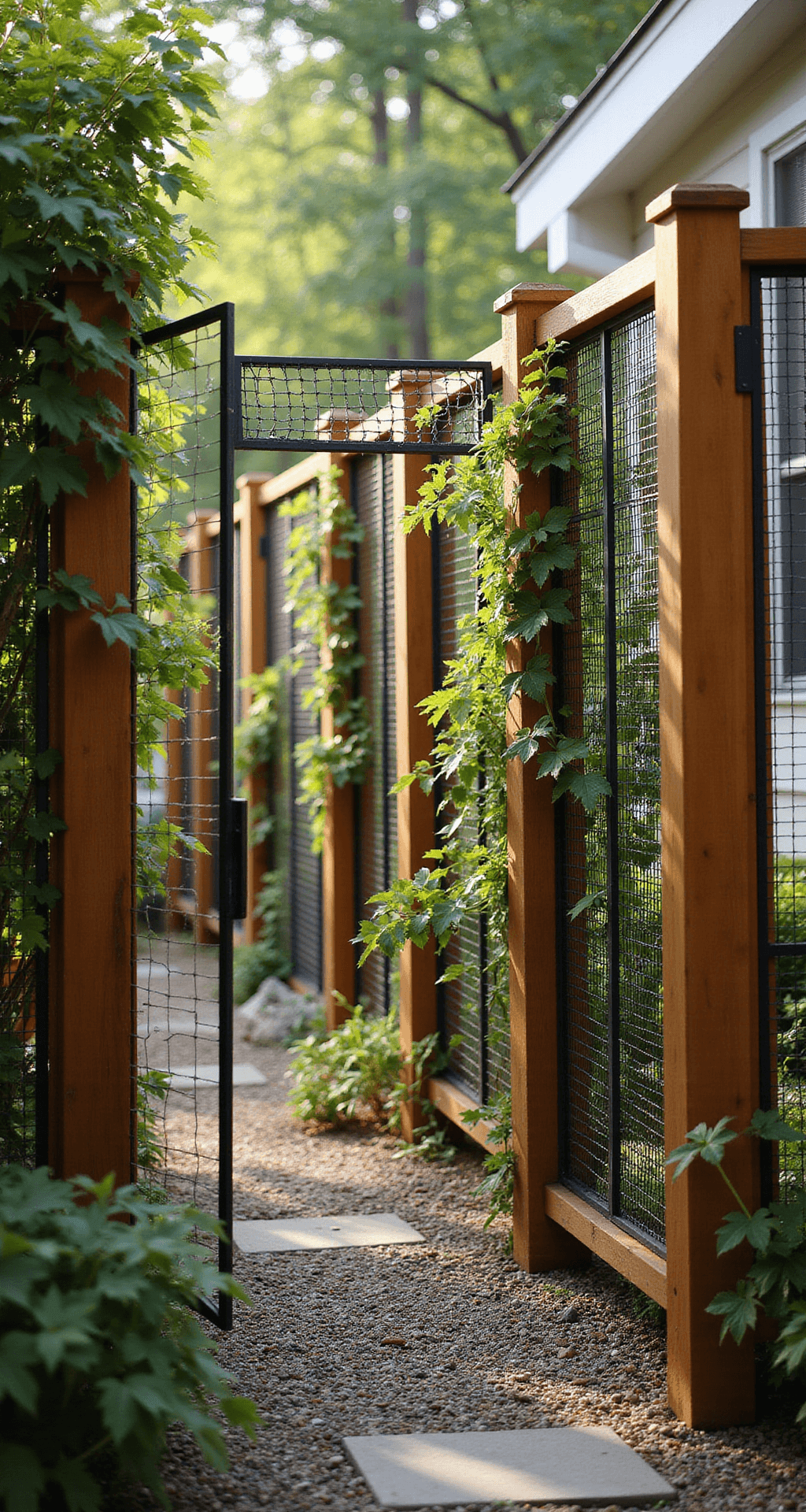Rustic-modern wood and wire fence in morning light, featuring a cedar frame with black metal mesh, dew drops on the wire, and Boston ivy climbing. Shot from an interior garden with shallow depth of field, highlighting warm wood tones and a gravel path leading through the frame.
