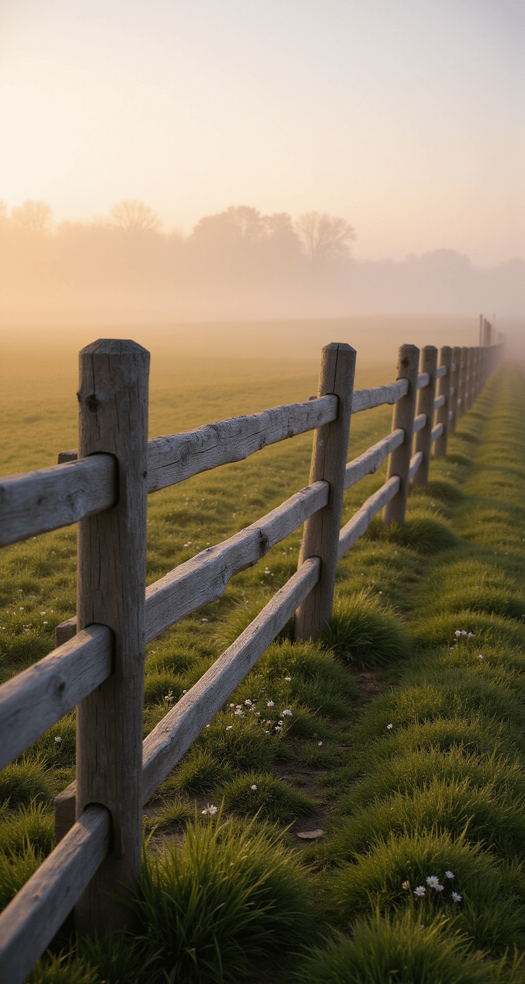 A weathered split-rail fence extends into a foggy pastoral setting, framed by dewy grass and wildflowers in the foreground, with soft golden morning light filtering through the mist, highlighting the natural patina of the wood and traditional joinery details.